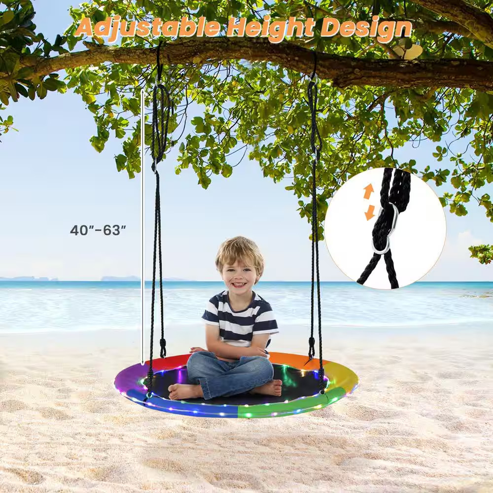 40 In. Saucer Tree Swing 660 Lbs. for Kids Adults Outdoor with LED Lights Rainbo
