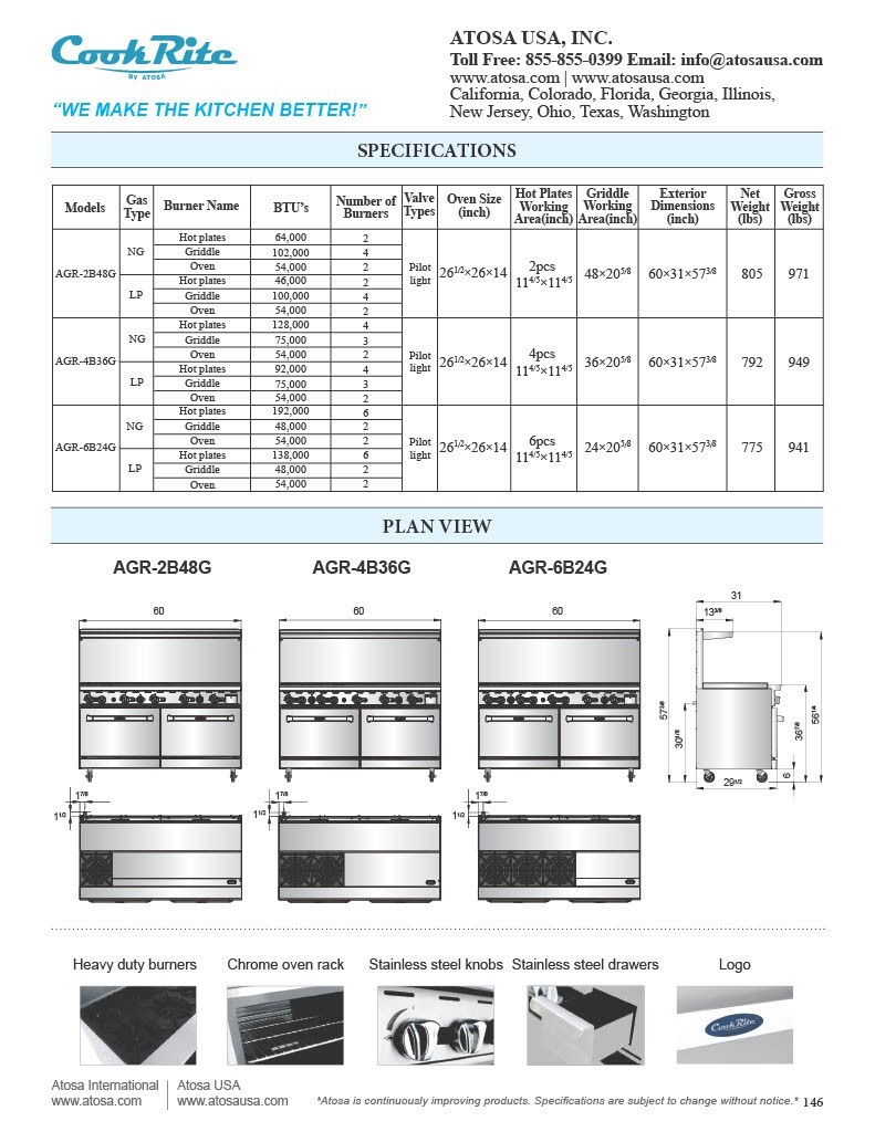 Atosa AGR-4B36GR-NG 60″ Range 4 BURNERS 36″GRIDDLE & 2 OVENS NAT GAS