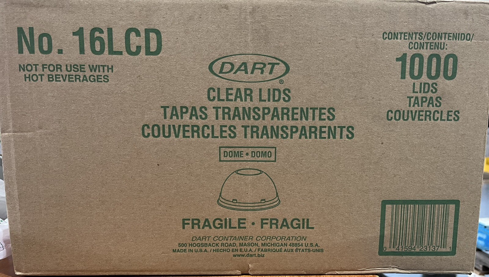 Dart Lid 16LCD Clear High Dome Lids for 16-24 oz Plastic Cups, 1000 Ct
