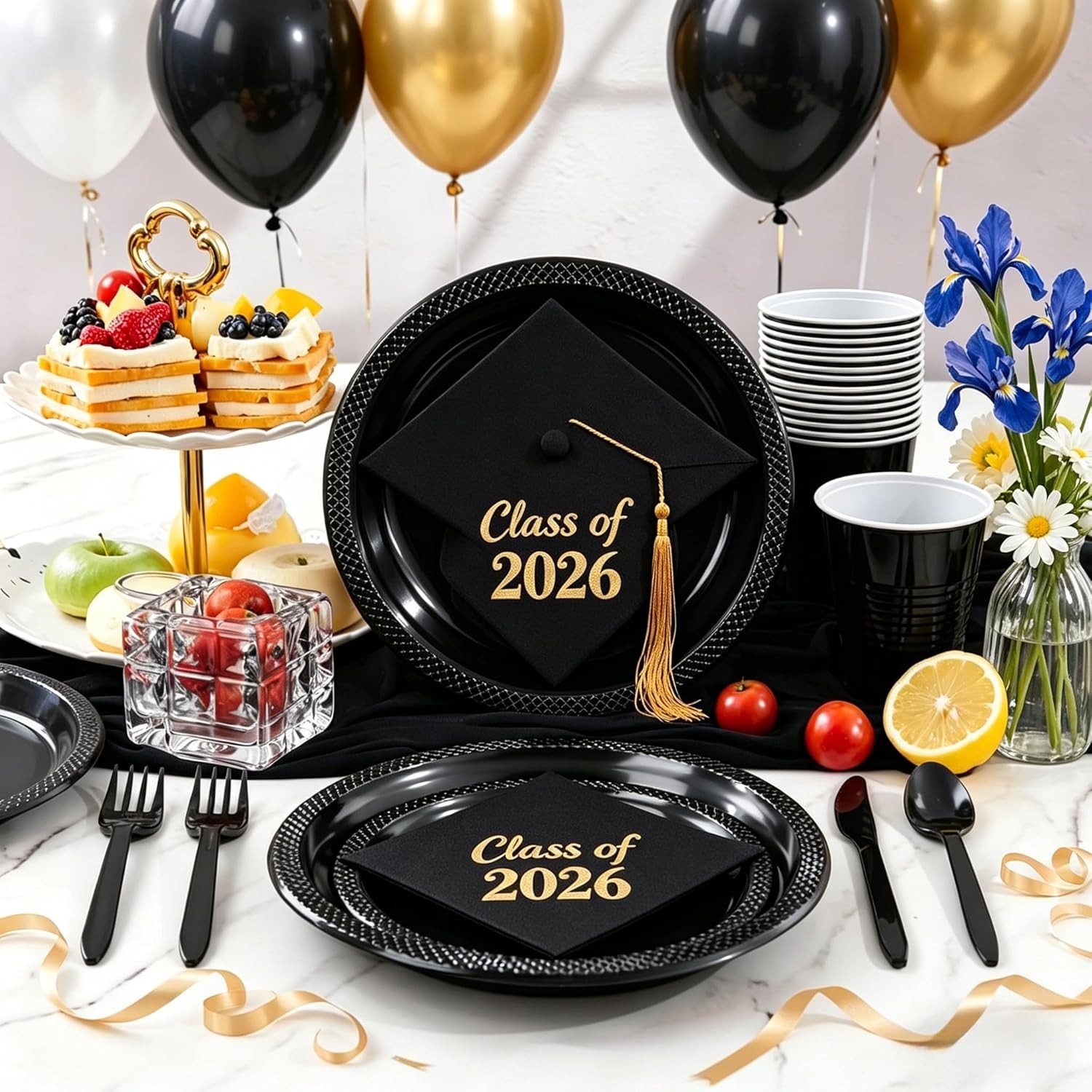 210 PCS Black Plastic Plates for 30 Guests – Disposable Dinnerware Set Including