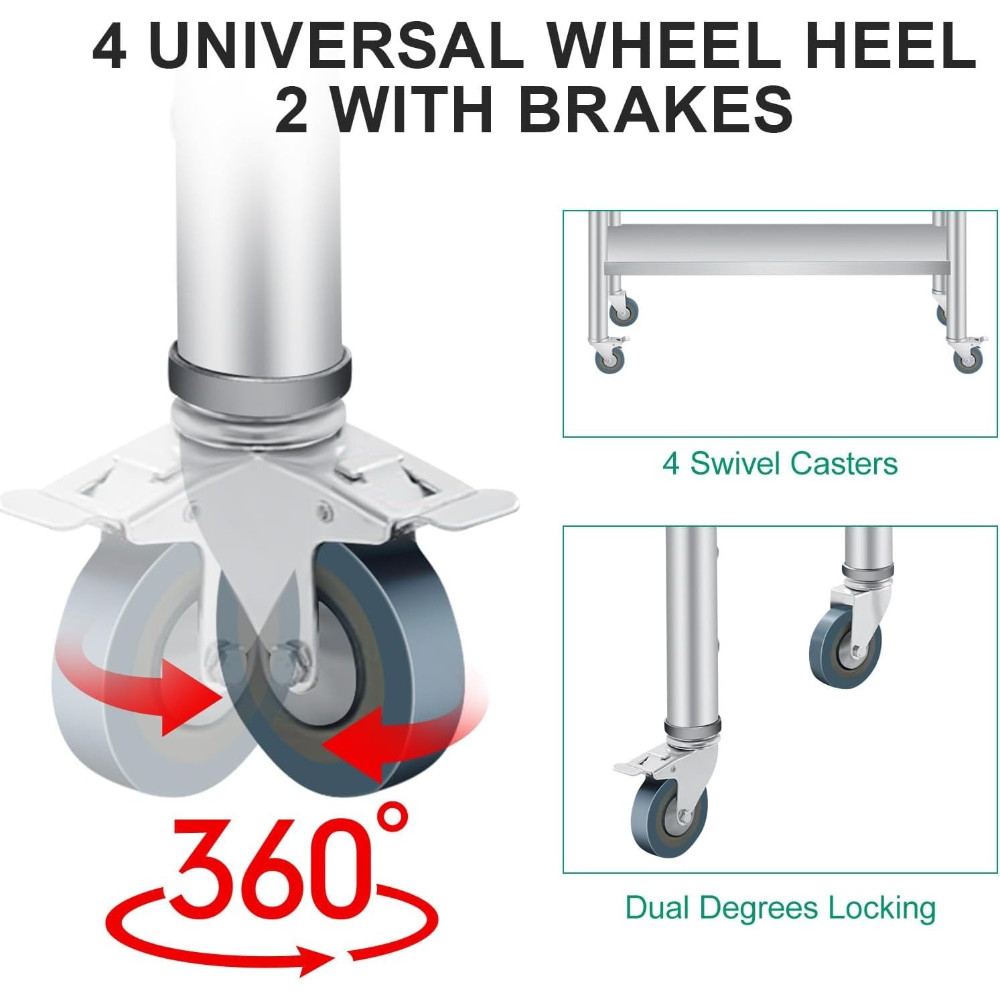 Commercial Stainless Table 60x24inch, Wheels & Backsplash, Adjustable Shelf