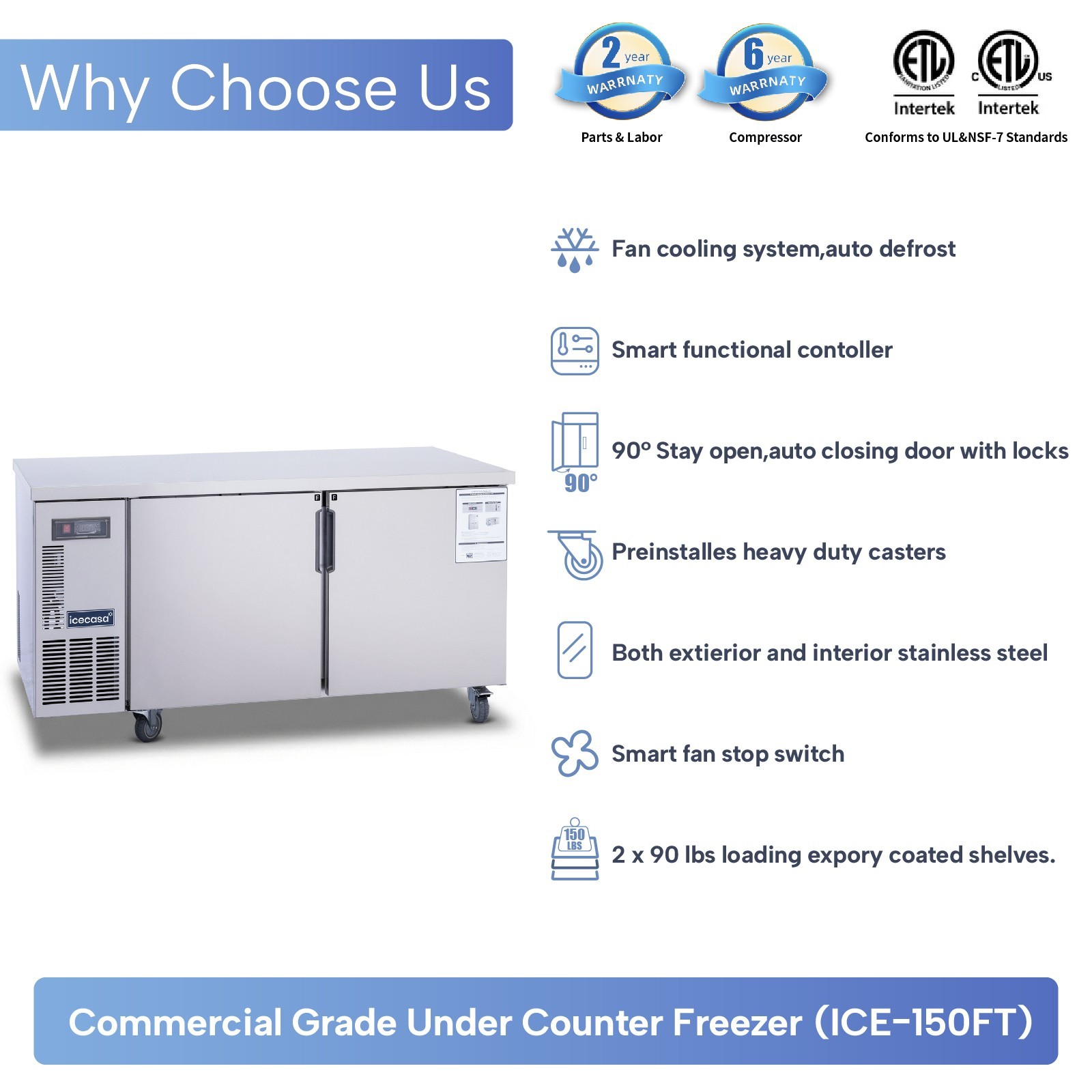 ICECASA 60″ Commercial Worktop Freezer Undercounter Stainless Steel Fridge