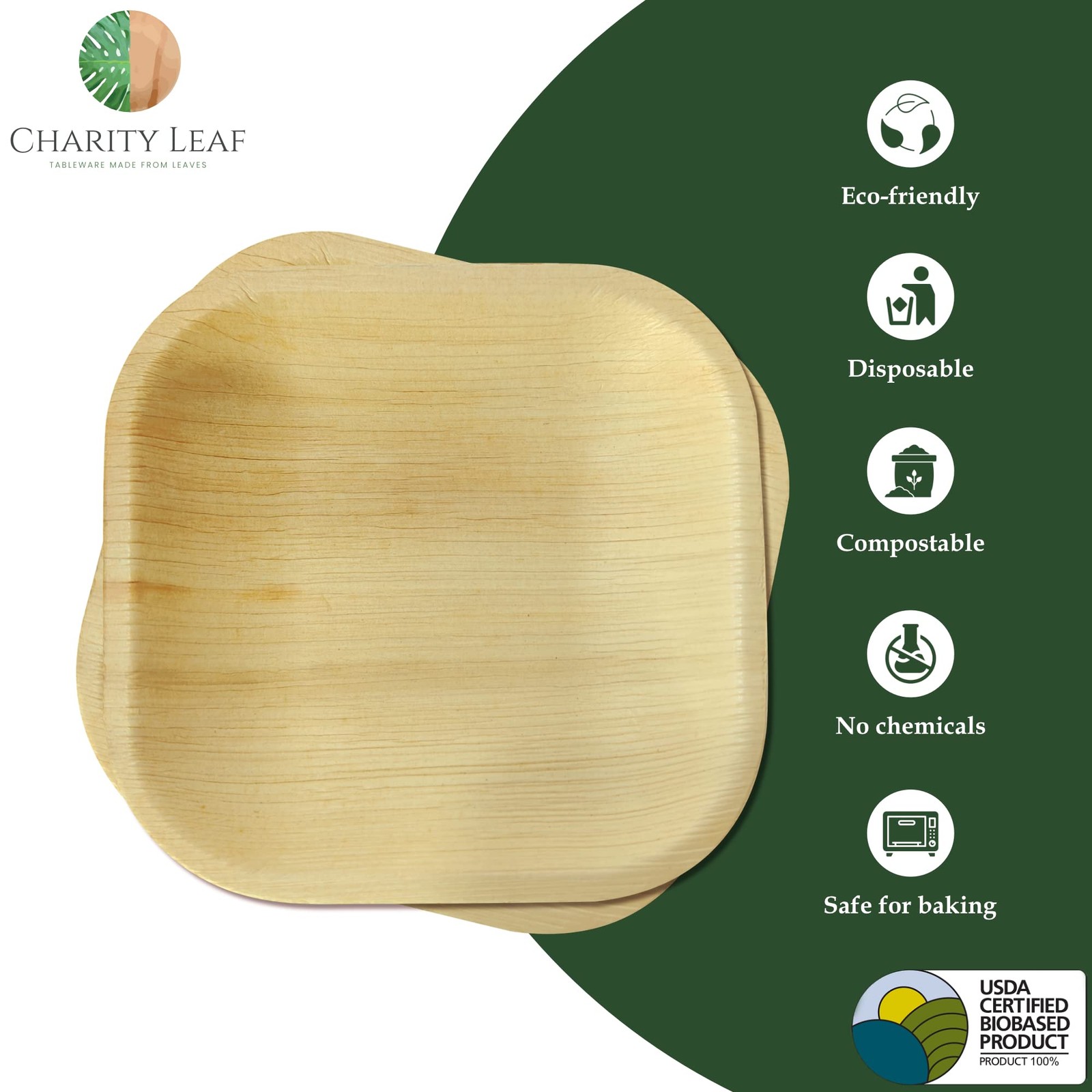 Charity Leaf Disposable Palm 5″ Square Plates Square, Natural Brown