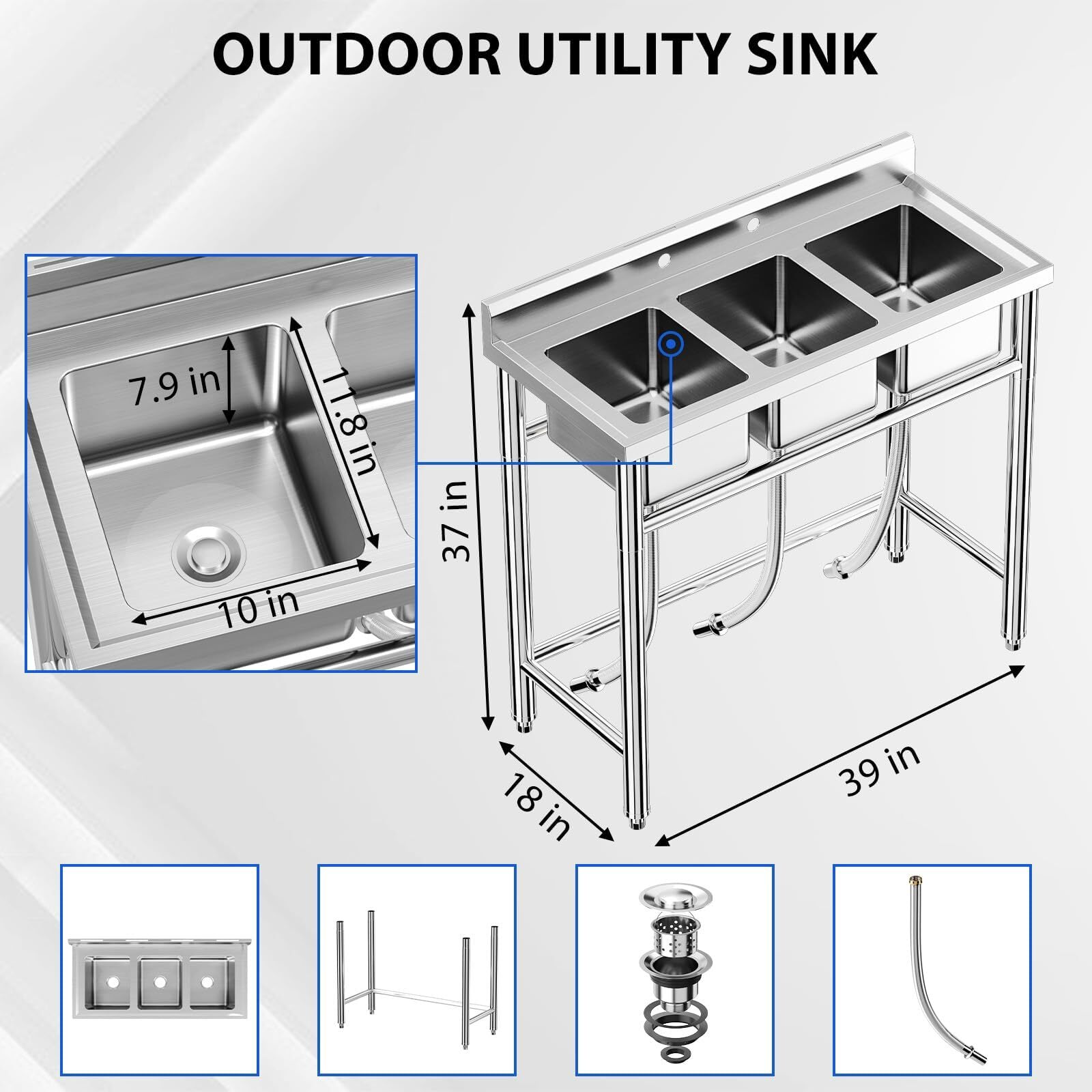 Kitchen Sink Stainless Steel Commercial 3 Compartment Utility Sink W/ Backsplash