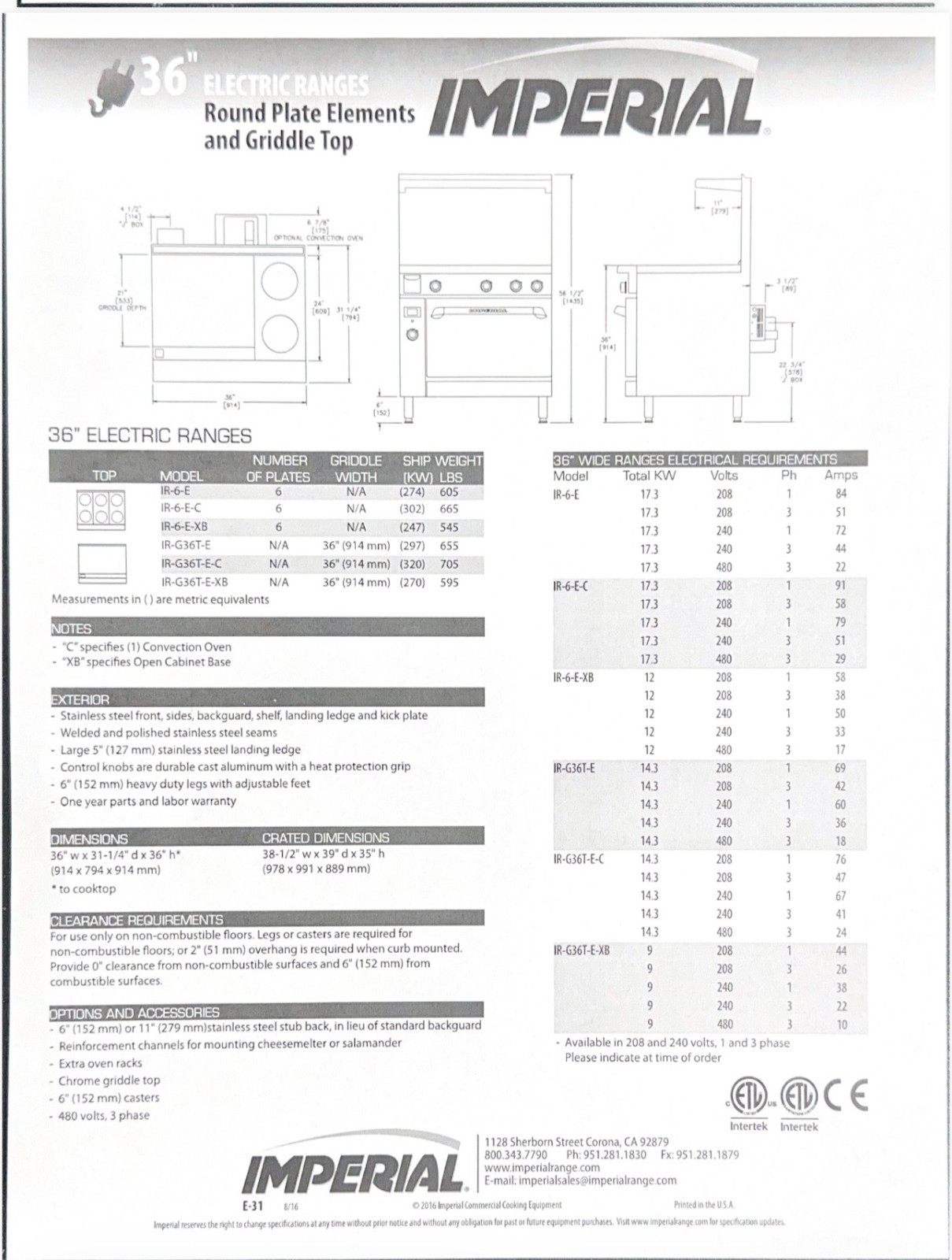 Imperial 36” Commercial Electric Range/Oven – 1 Year Old – $4,000