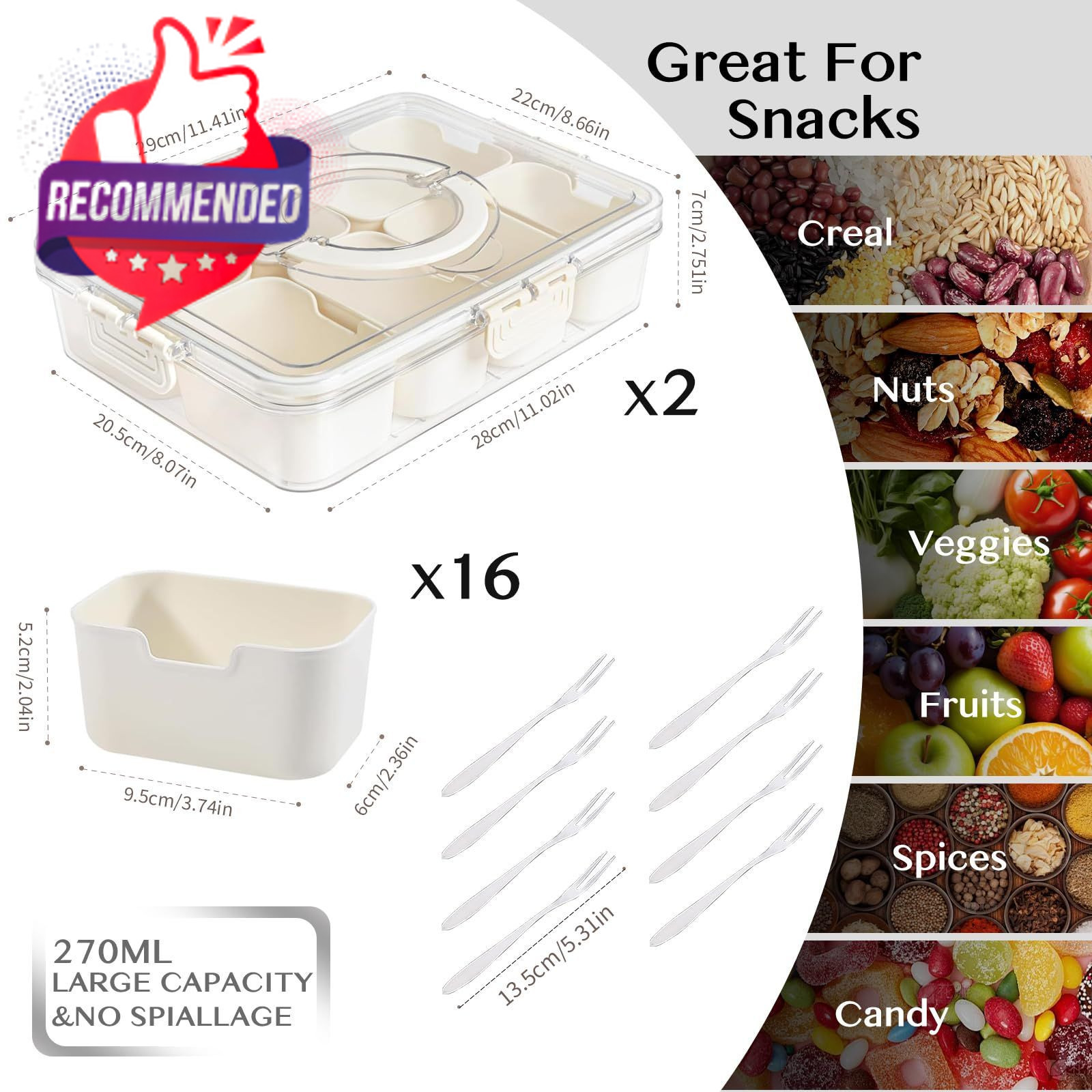 Snackle Box Container,portable Snack Box 8 Compartment Divided Serving Tray With