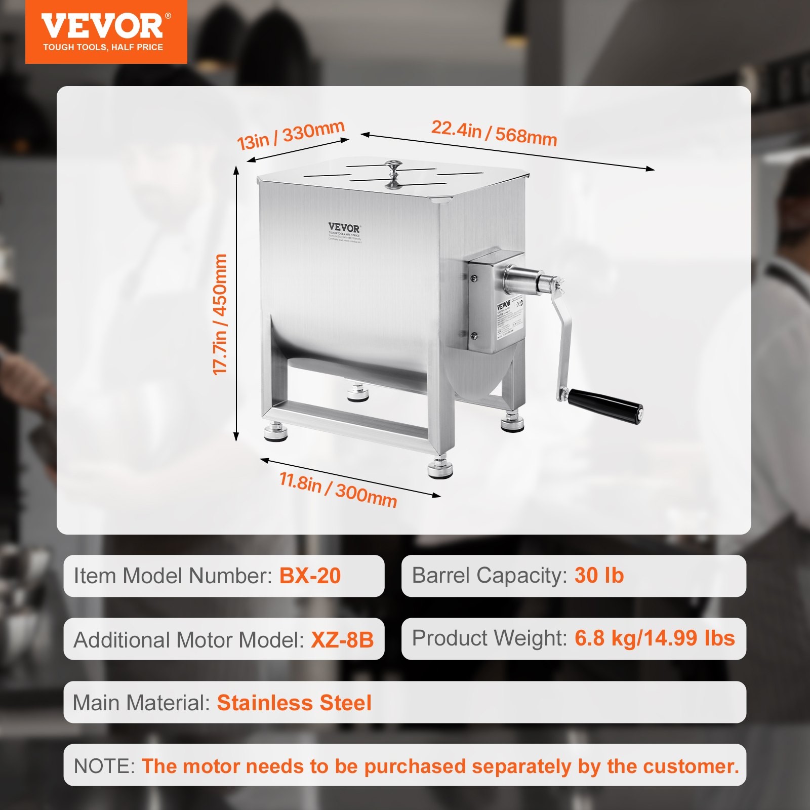 Manual Meat Mixer, 20L Fixed Tank Meat Processing Equipment(Mixing Max 30LBS for