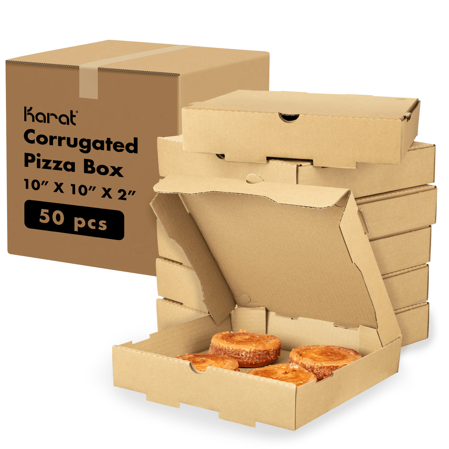 Karat Corrugated Pizza Box, 10»x10»x2», Kraft – 50 pcs, FP-PBF10K