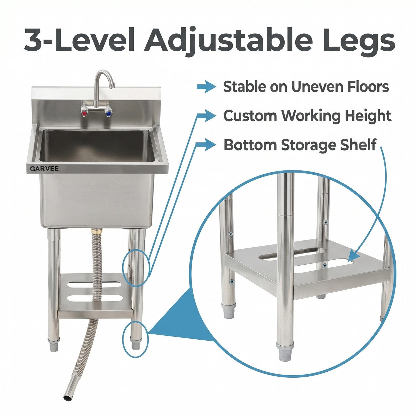 Stainless Steel Utility Sink, 21″x18″x41″ Commercial Single Bowl Kitchen Sinks