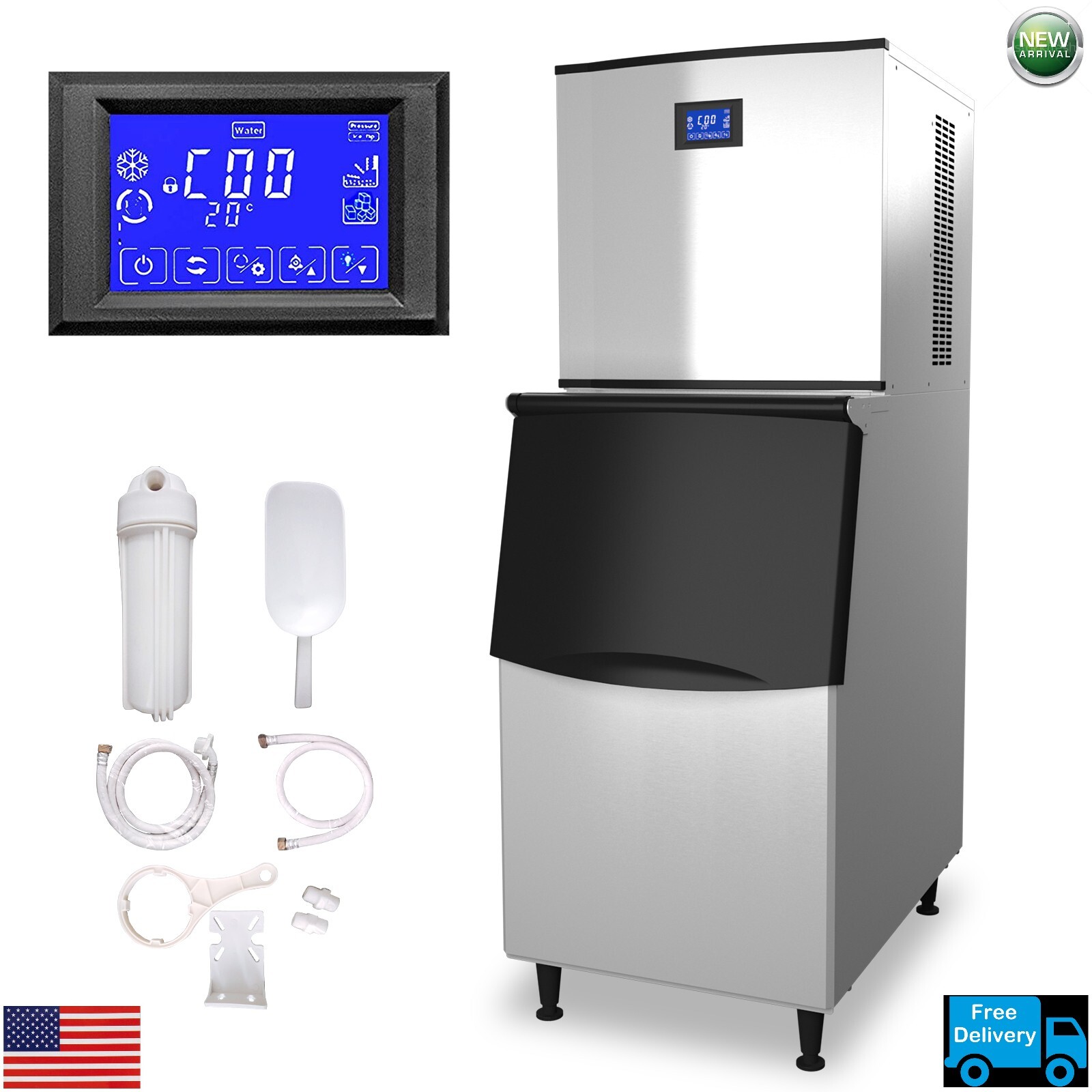 TECSPACE Commercial 110V 1200W Freestanding Ice Maker – 550LBS/24H + 350LBS Bin