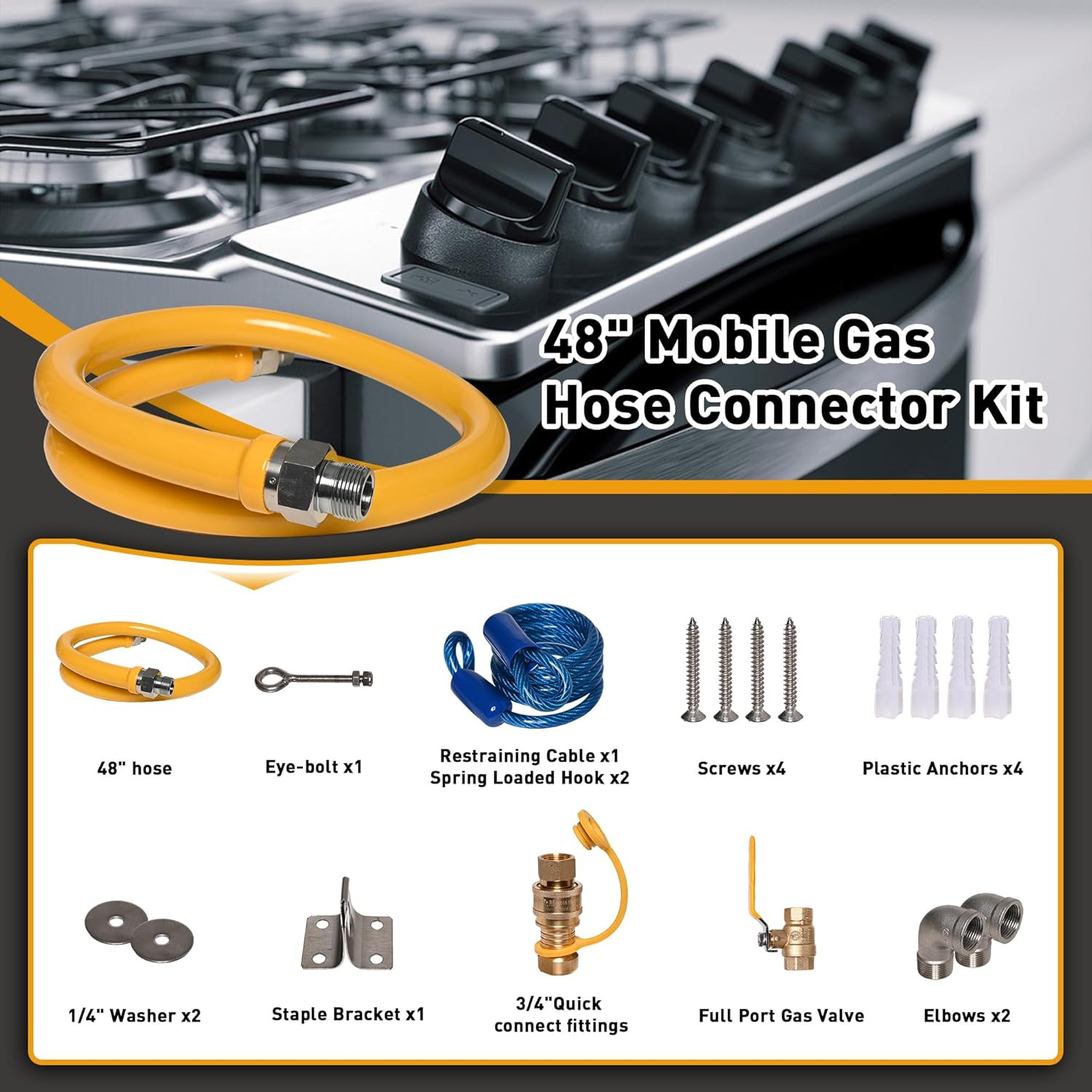 1675Kit48 Safety System Kit, 48″ Gas Hose Connector Kit with Full Port 3/4″ Quic
