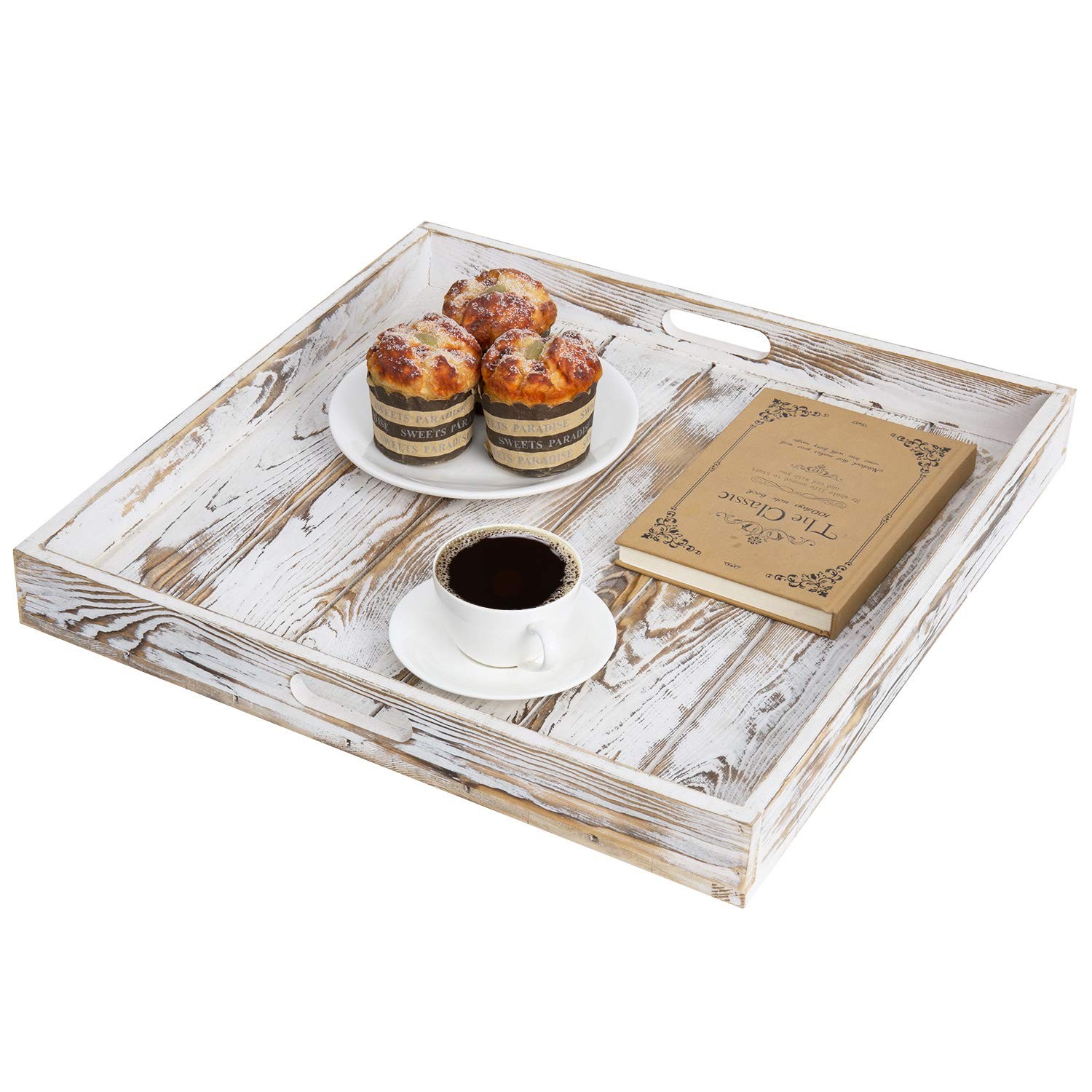 MyGift Whitewashed Wood Large Serving Tray 18.9″ x x 2″,