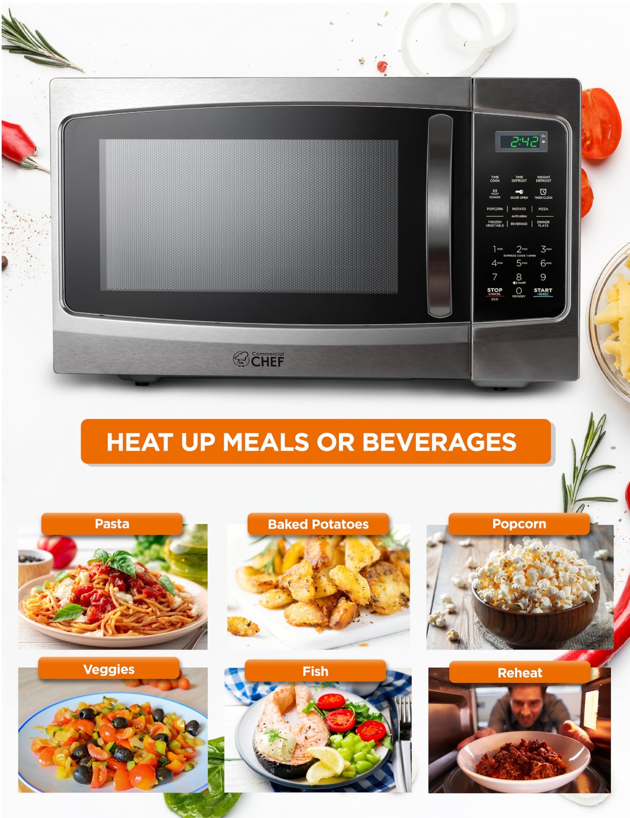 COMMERCIAL CHEF Microwave 1.3 Cu Ft with 10 Cubic Feet, Stainless Steel