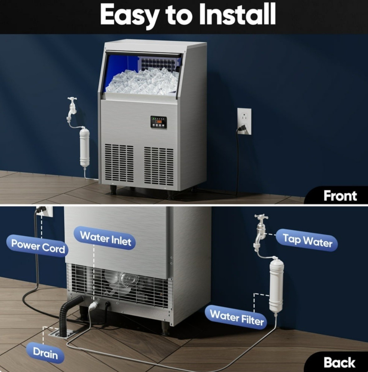 100lb/24H Commercial Ice Maker Under Counter Ice Machine w/ 34lb Ice Bin