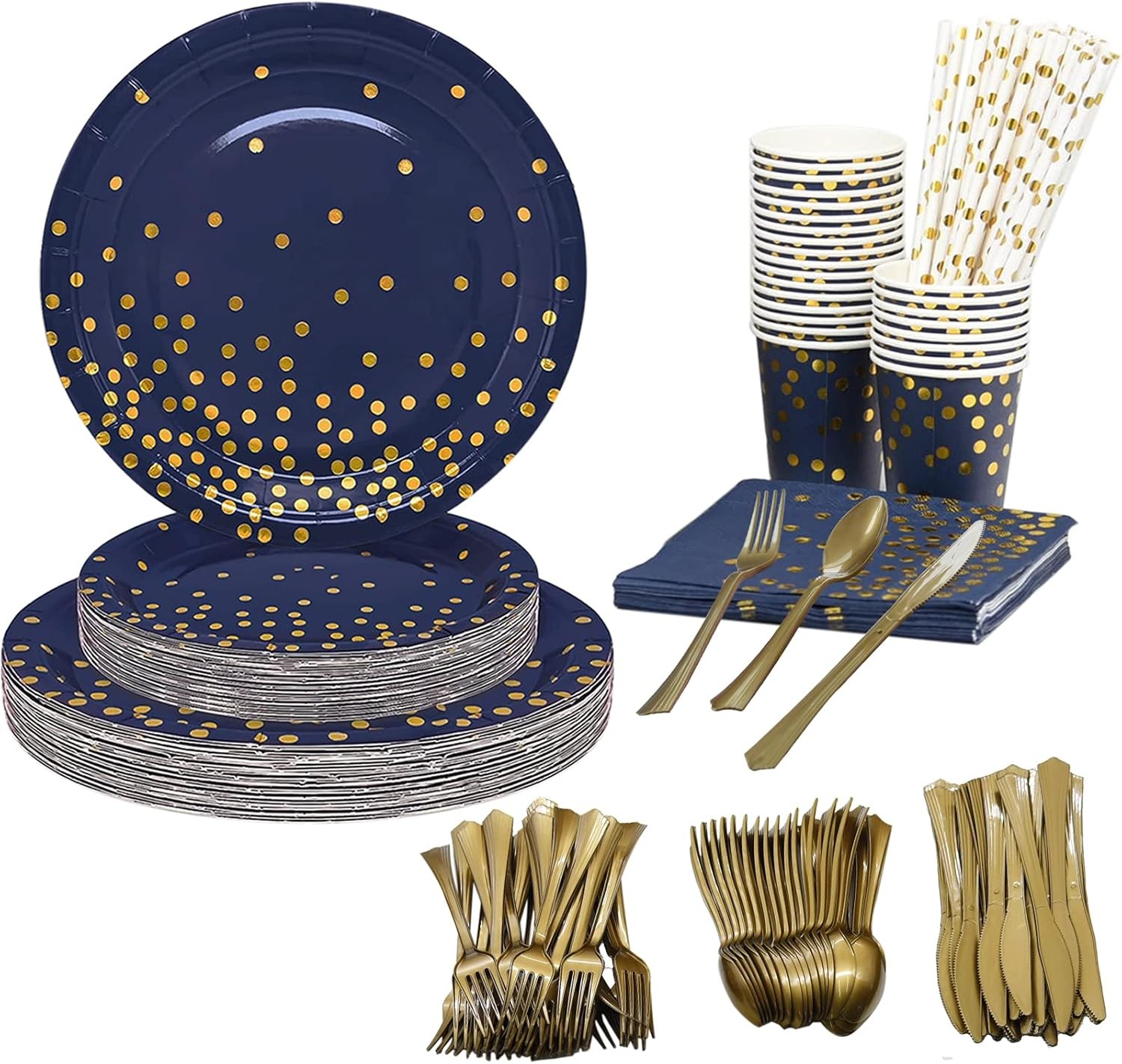 160PCS Disposable Cutlery Set for 20 Guests Blue and Gold Party Cutlery Set