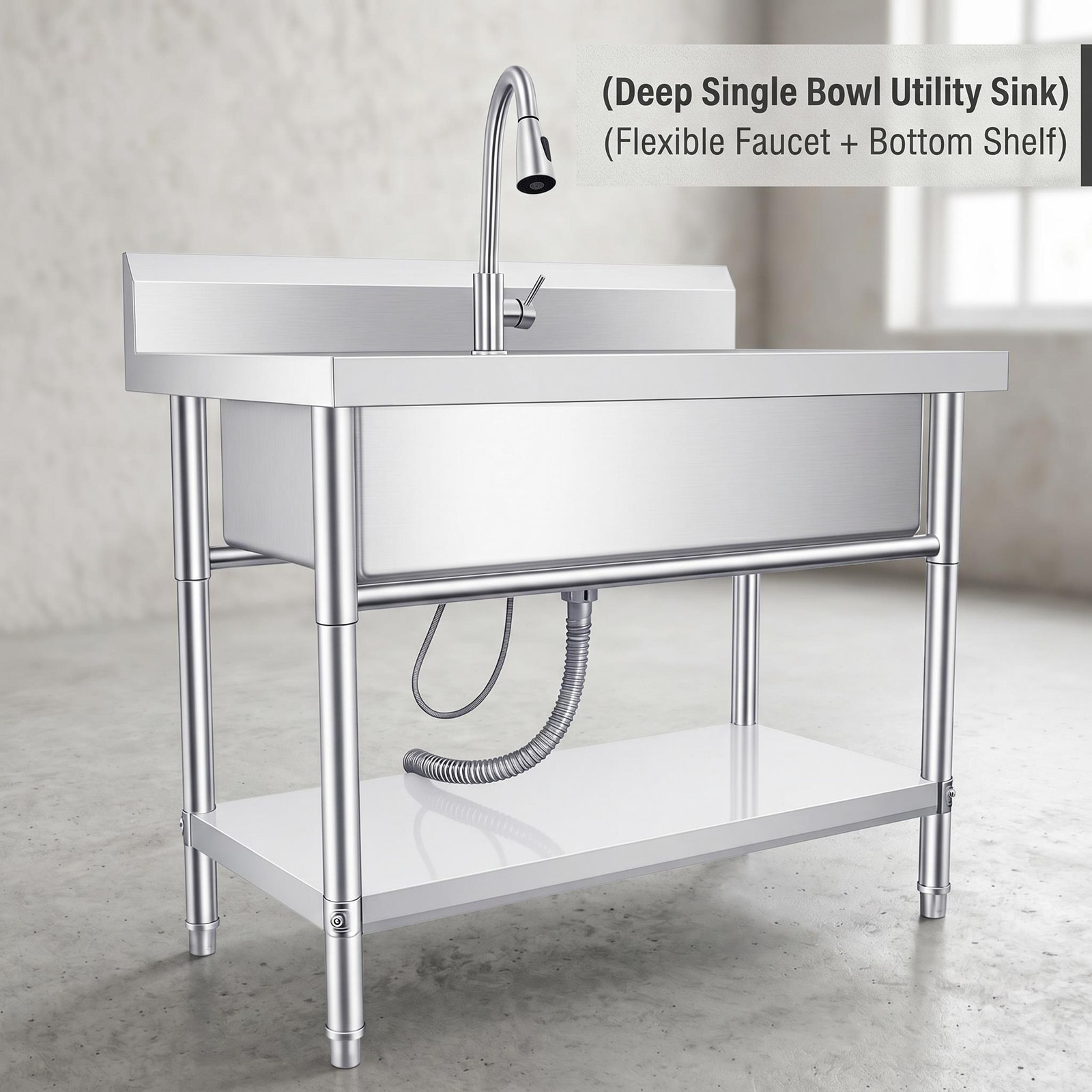 40″ Silver Free Standing Commercial Stainless Steel Kitchen Utility Sink
