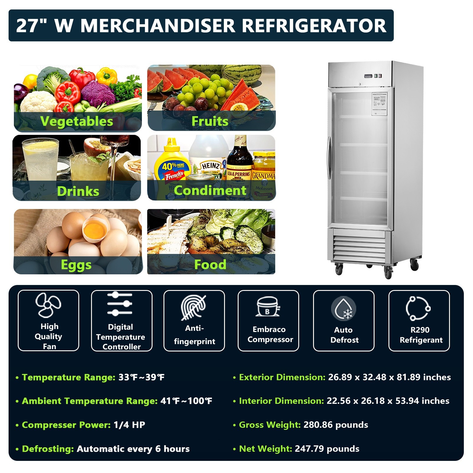 27»W Commercial Merchandiser Refrigerator | 18.7 Cu.ft 1 Glass Door Cooler