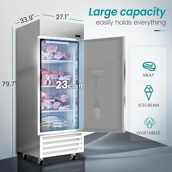 NEW Commercial Reach-In Freezer 23 Cu.Ft Stainless Steel W/Adjustable Shelves