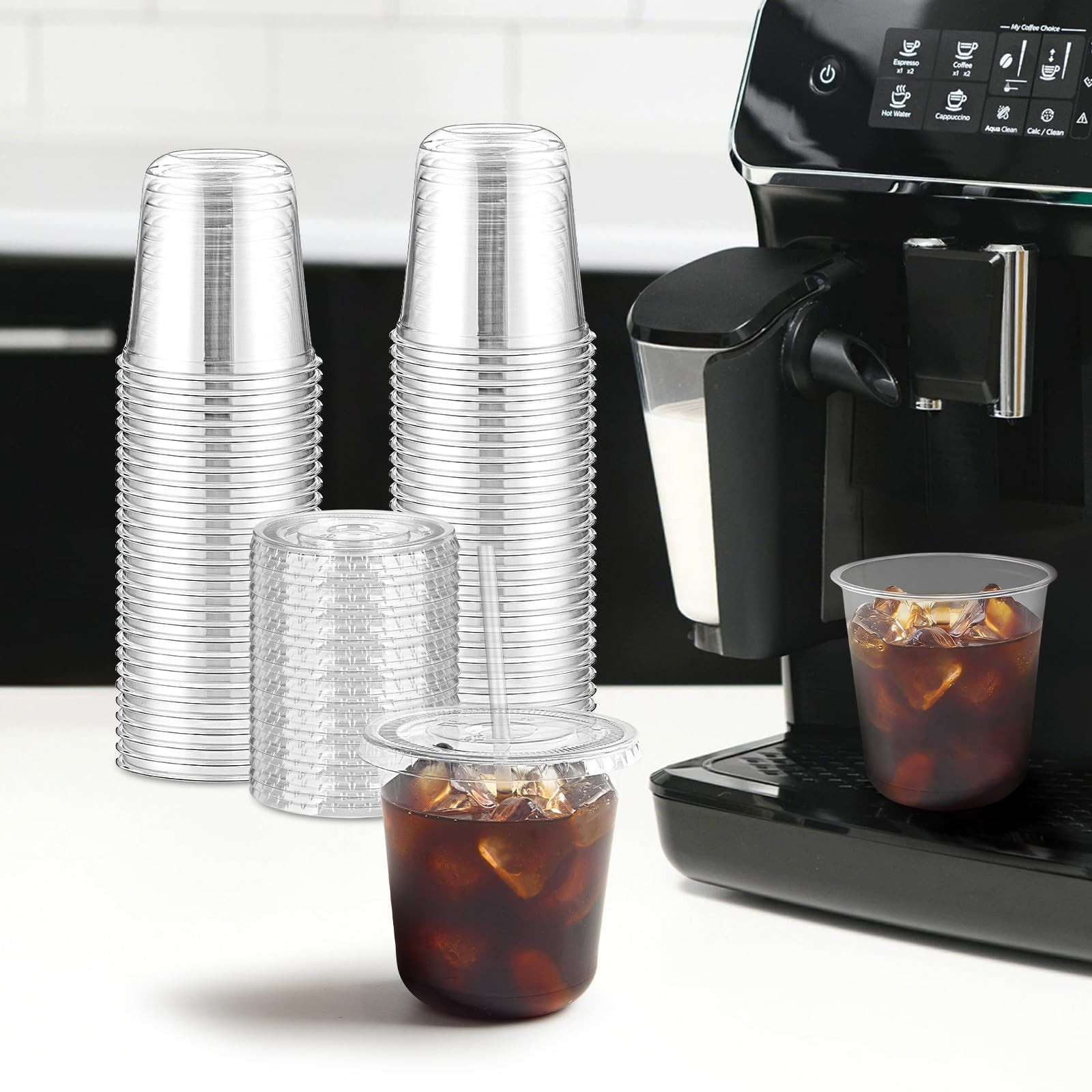 [100 Sets – 12oz Round Bottom Clear Plastic Cups with Lids and Straws, Dispos…