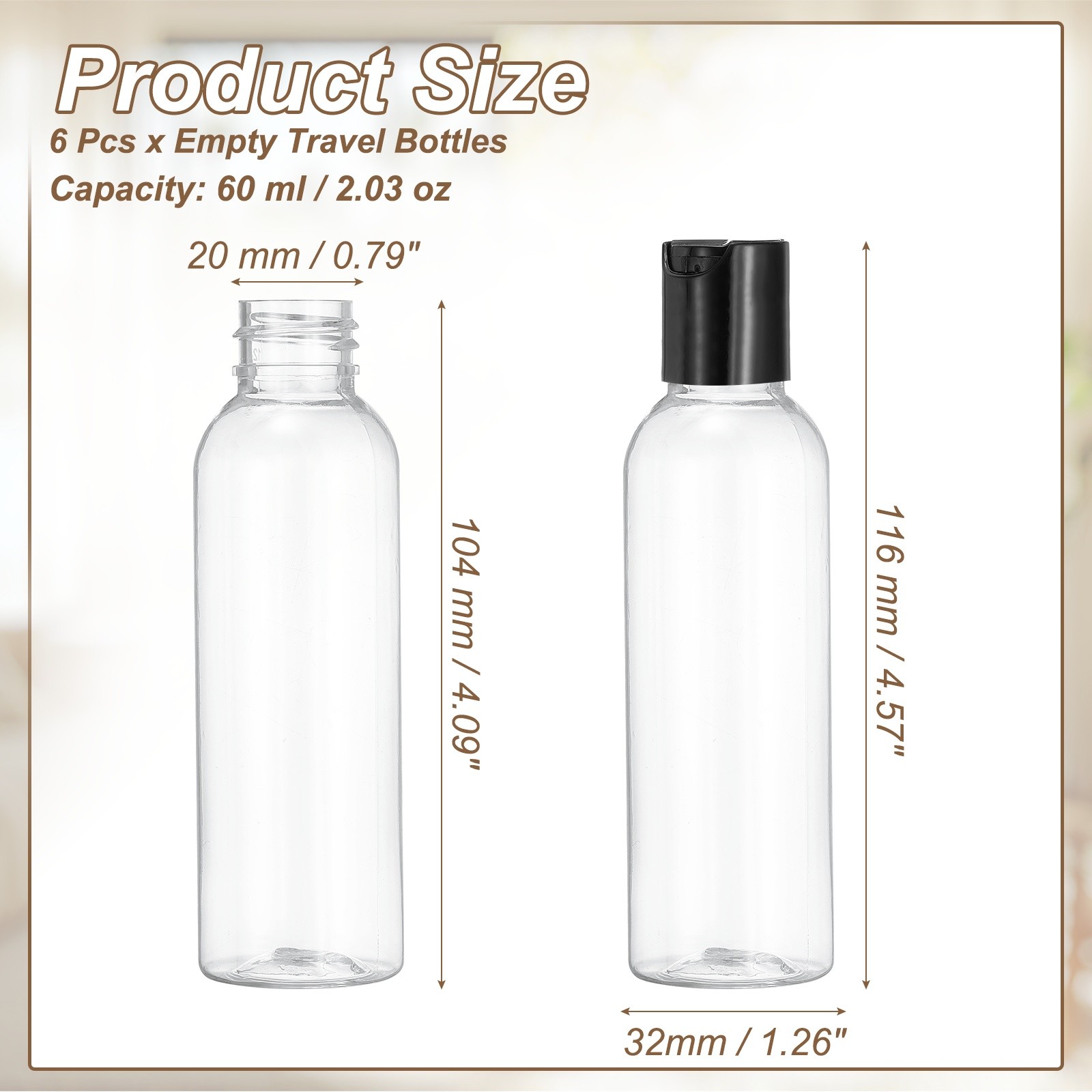 6Pcs 2oz Plastic Travel Bottles, Empty Bottles with Black Top Caps, Clear