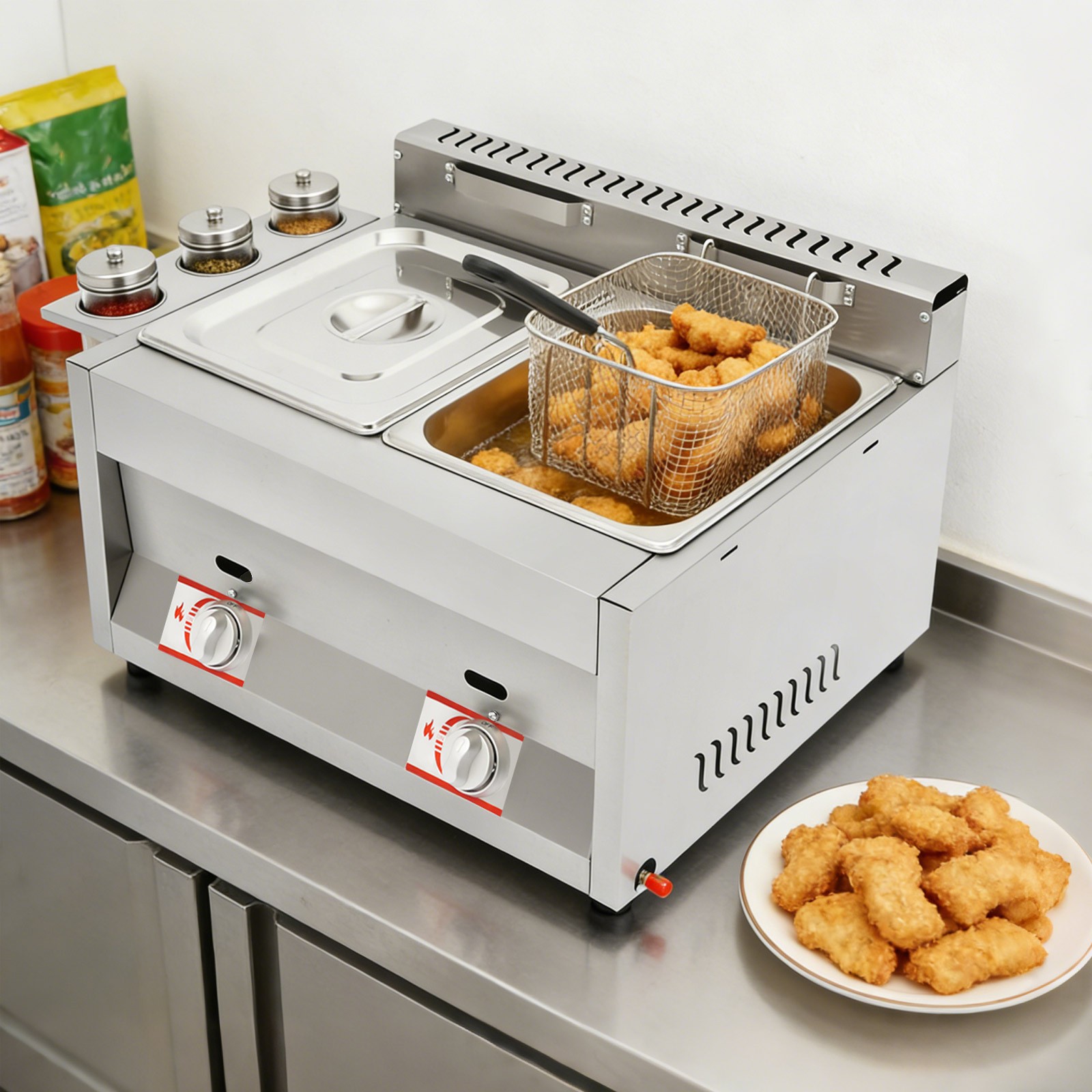 Commercial Deep Fryer with Basket and Lid Stainless Steel Dual Tank Fry Machine