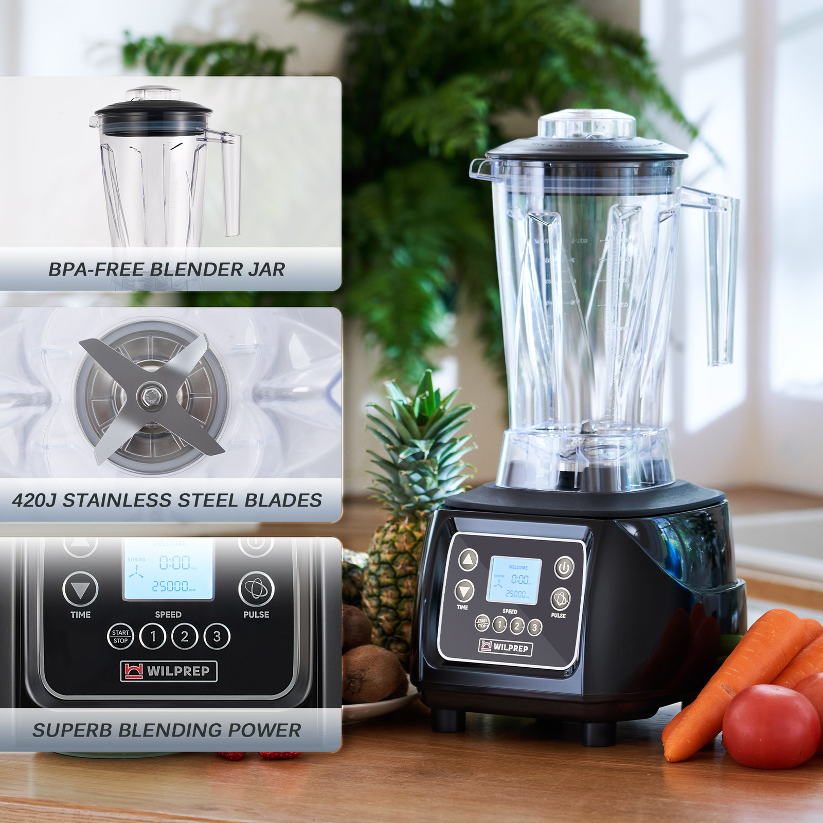 WILPREP Commercial Blender 3.5hp Touchpad Timer Adjustable Speed 64oz Tritan Jar