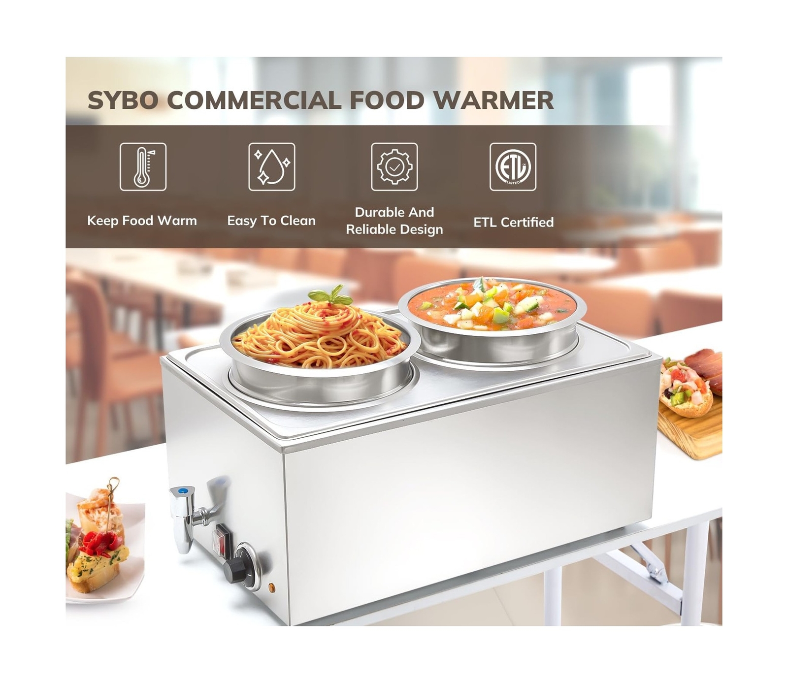 SYBO Food Warmer Steam Table Easy to Clean Commercial Grade Stainless Steel B…