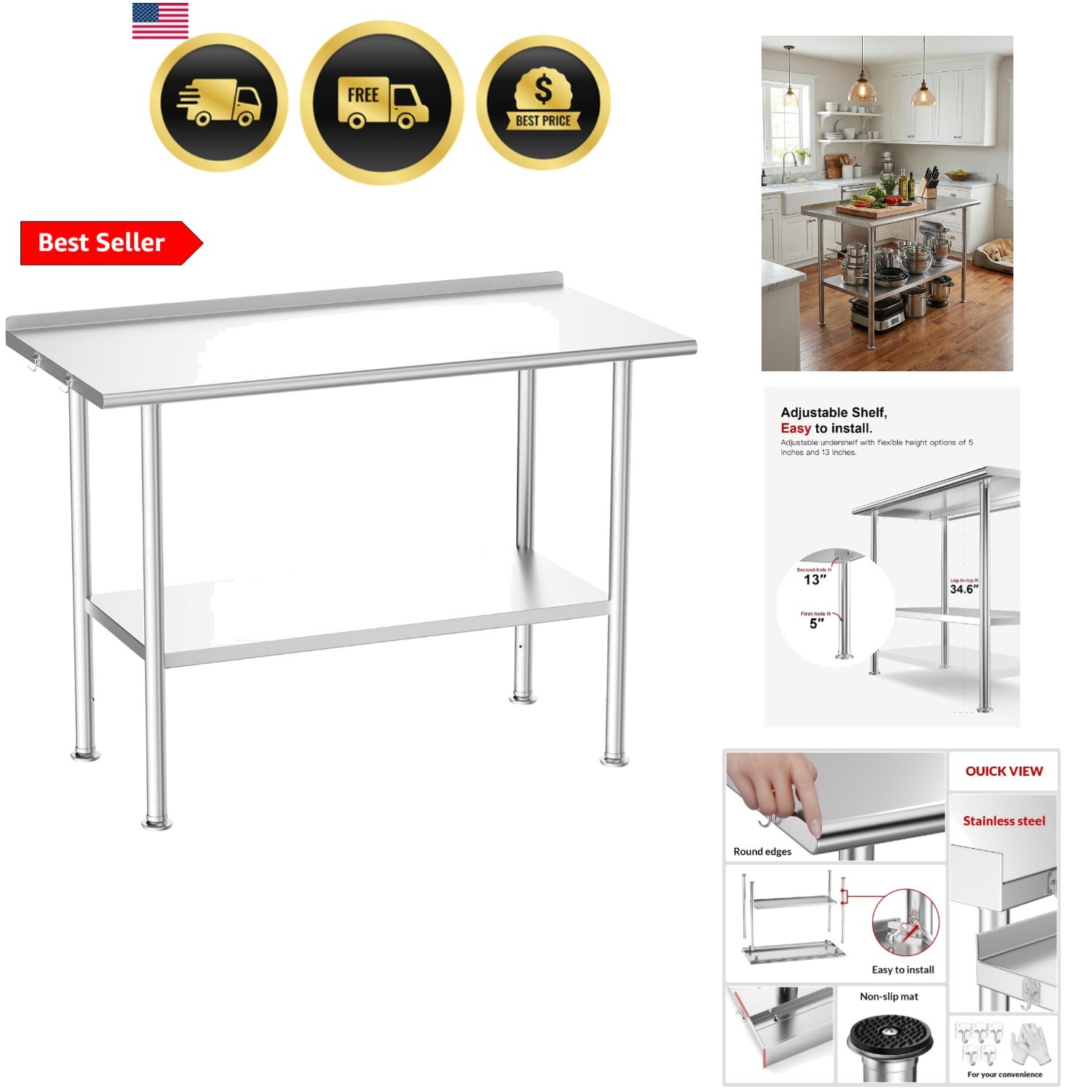 All-Stainless Steel Prep Table — 24×48″ Commercial Workstation with Rounded-C…