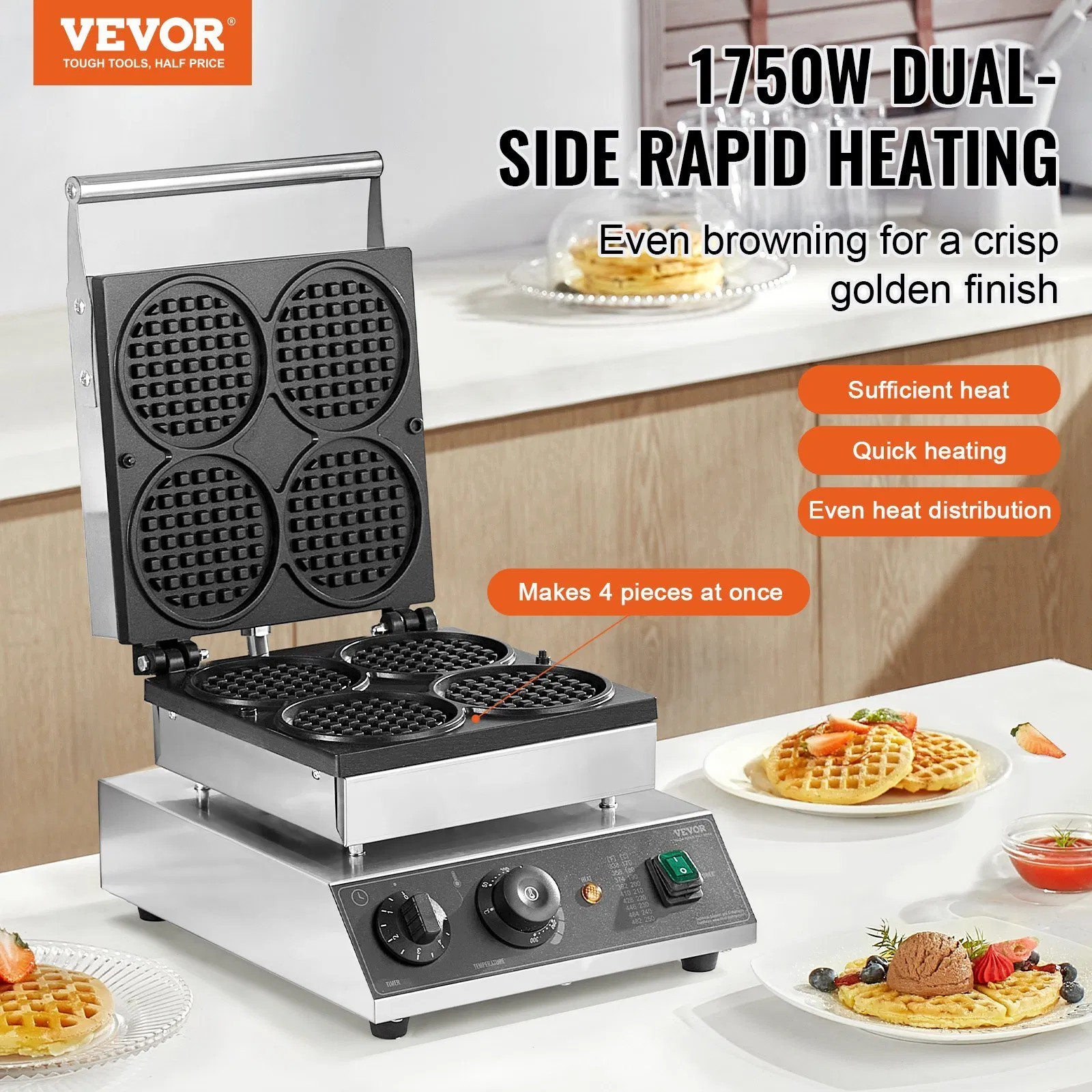 Commercial Waffle Maker, 4PCS Round Waffle Baker Machine,1750W Non-Stick Stainl