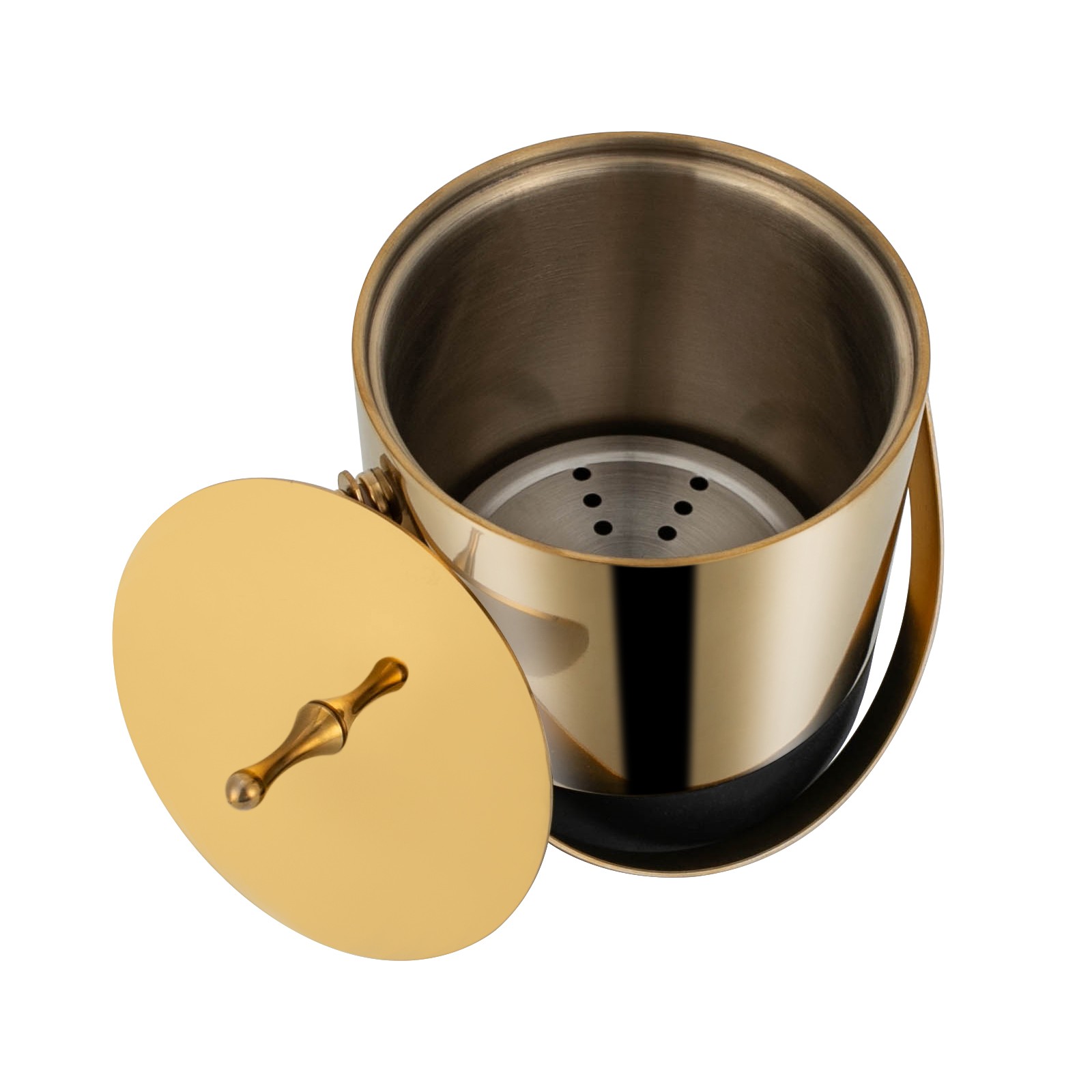 Modern Round Ice Bucket 1.4L Stainless Steel with Tong Strainer Lid Black/Gold