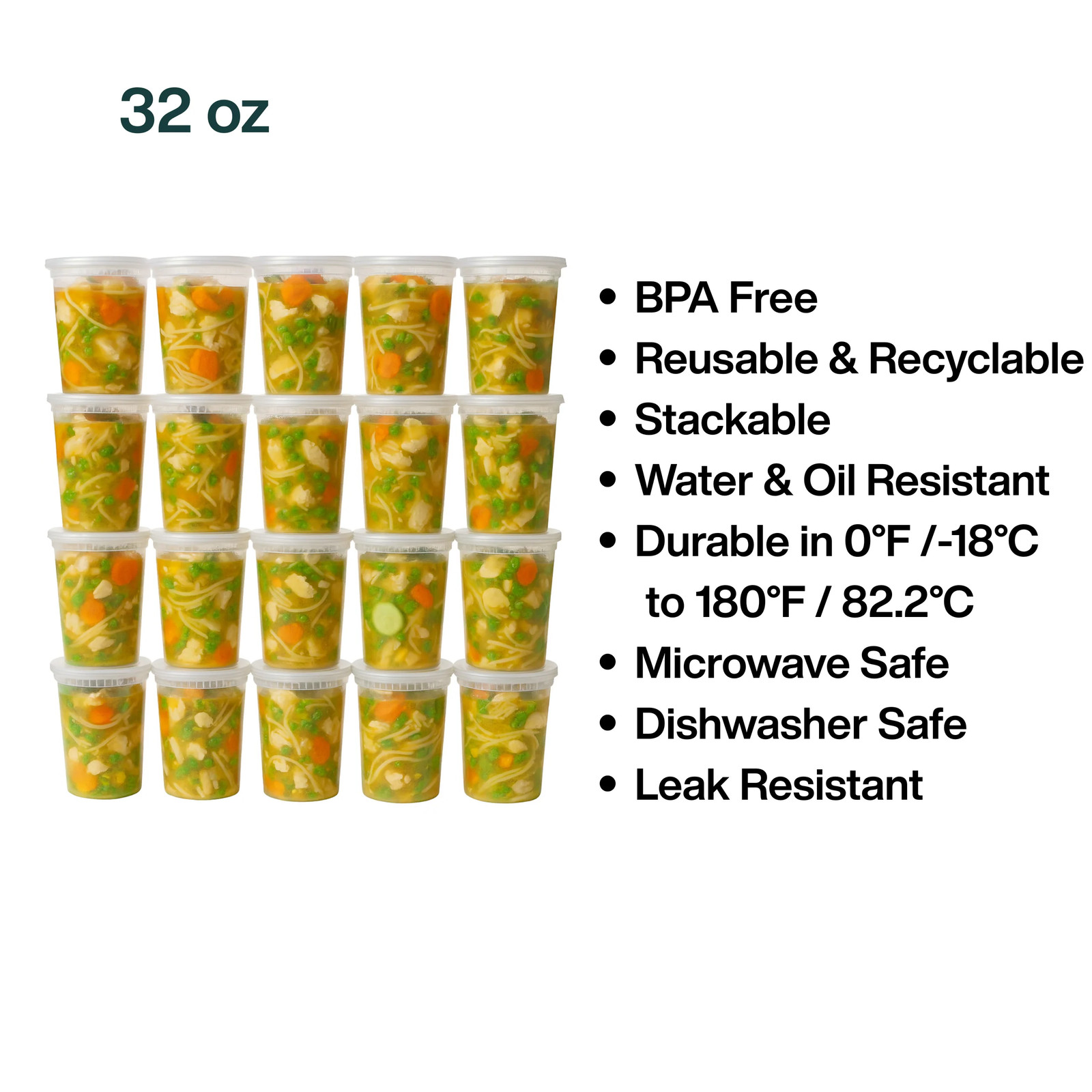 ProTakeOut, [32 oz] Heavy-Duty PP Deli Containers with Lids – 240 Sets (24/20)