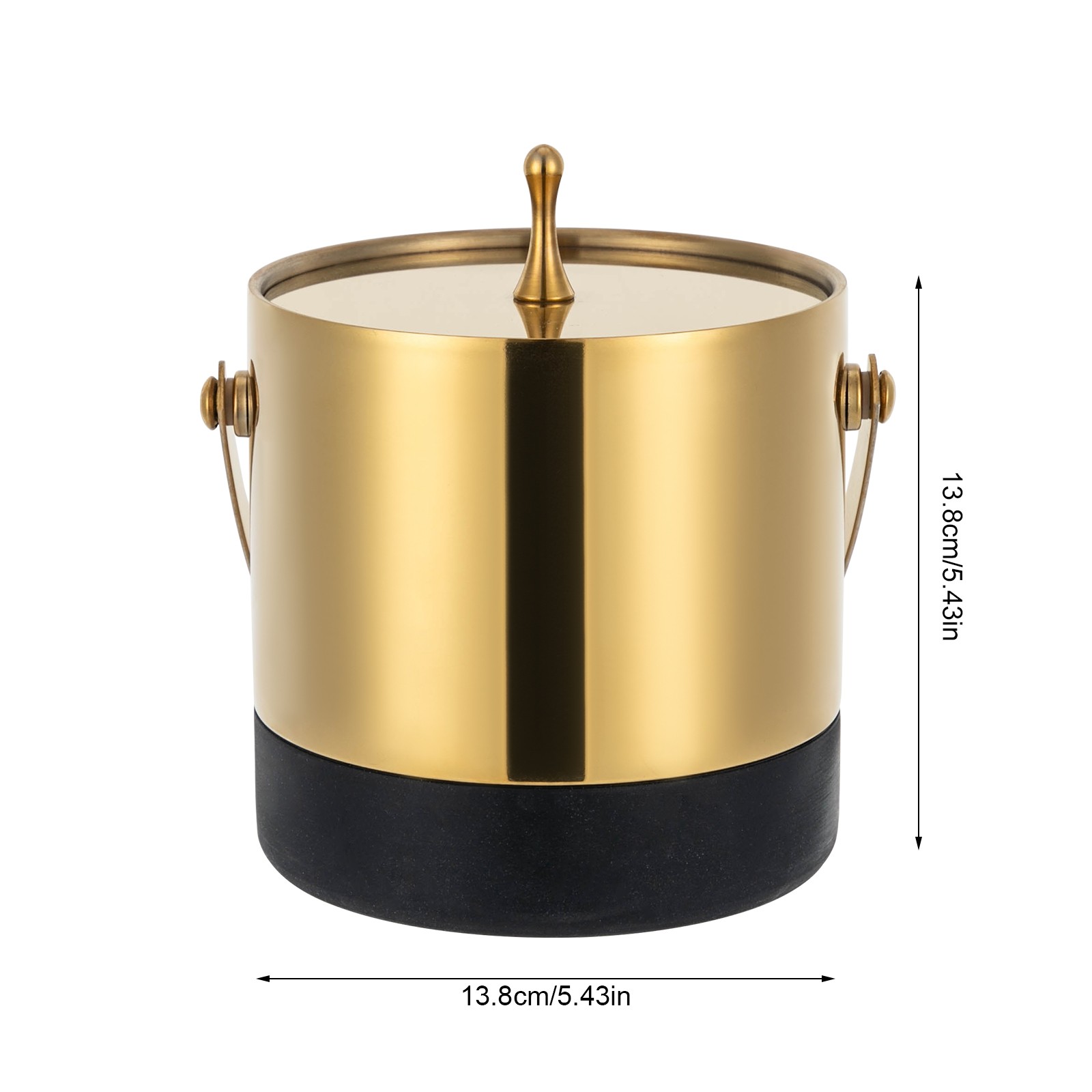 Modern Round Ice Bucket 1.4L Stainless Steel with Tong Strainer Lid Black/Gold