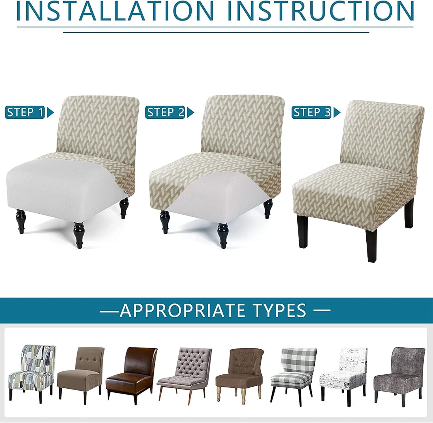 Armless Accent Chair Cover, Stretch Chair Slipcover Printed Slipper Chair Covers