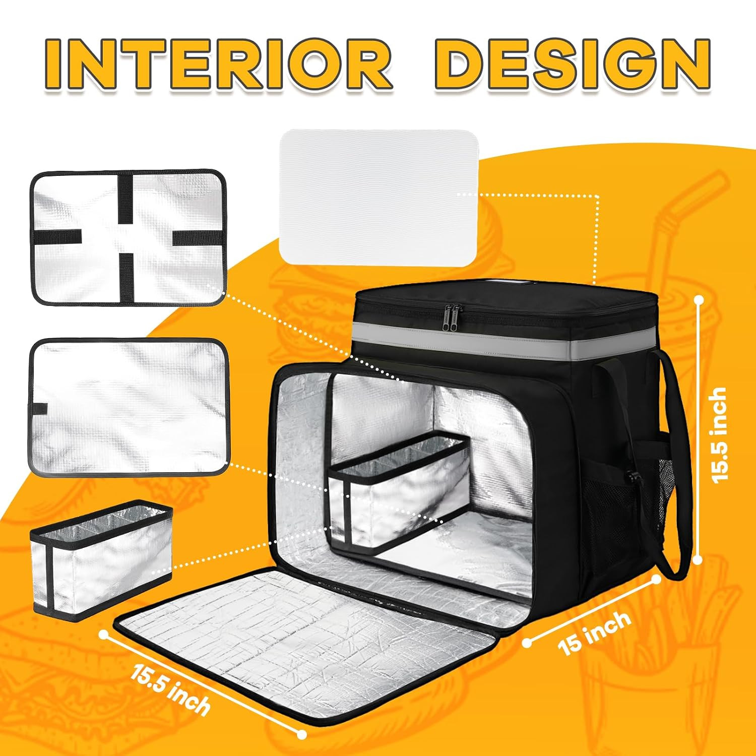 Insulated Food Delivery Backpack Expandable Pizza Bag with 7 Cup Holders Gray