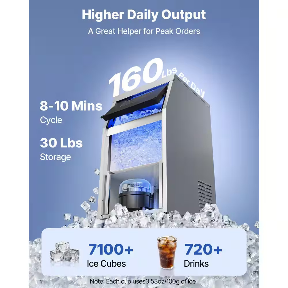 160 Lbs. /24H Commercial Ice Maker 15.94 In. W Full Size Cubes in 10 Minutes wit