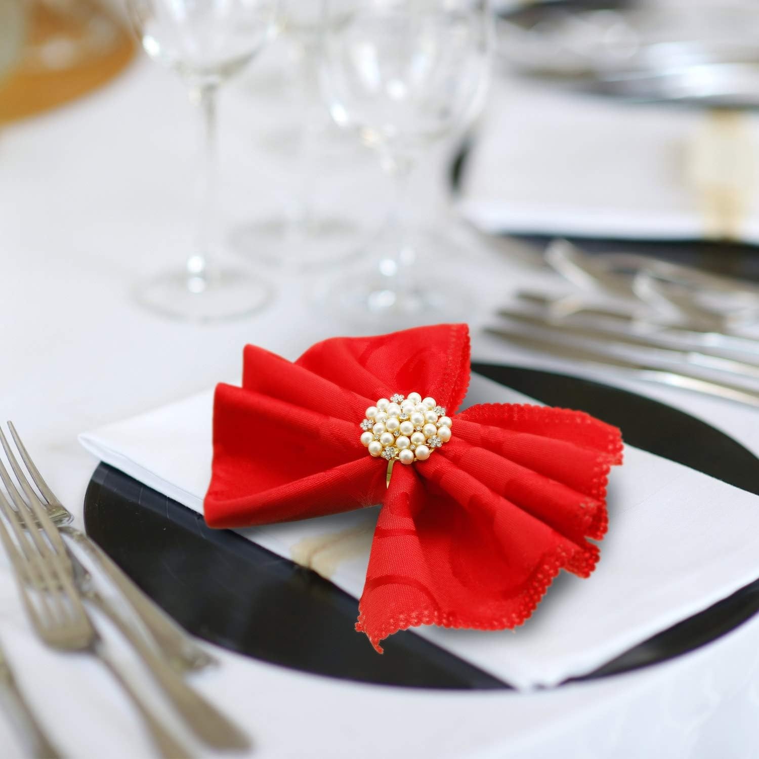 144 Pcs Gold Napkin Rings Pearls and Flower Napkin Buckles Rhinestone Bling