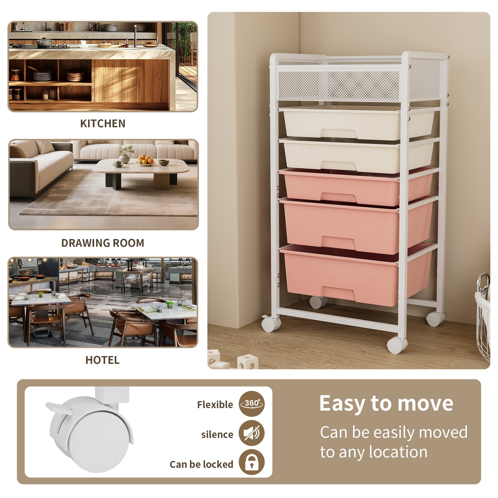 2 Pack 5-Tier Rotating Utility Cart Mobile Metal Storage Organizer Trolley White