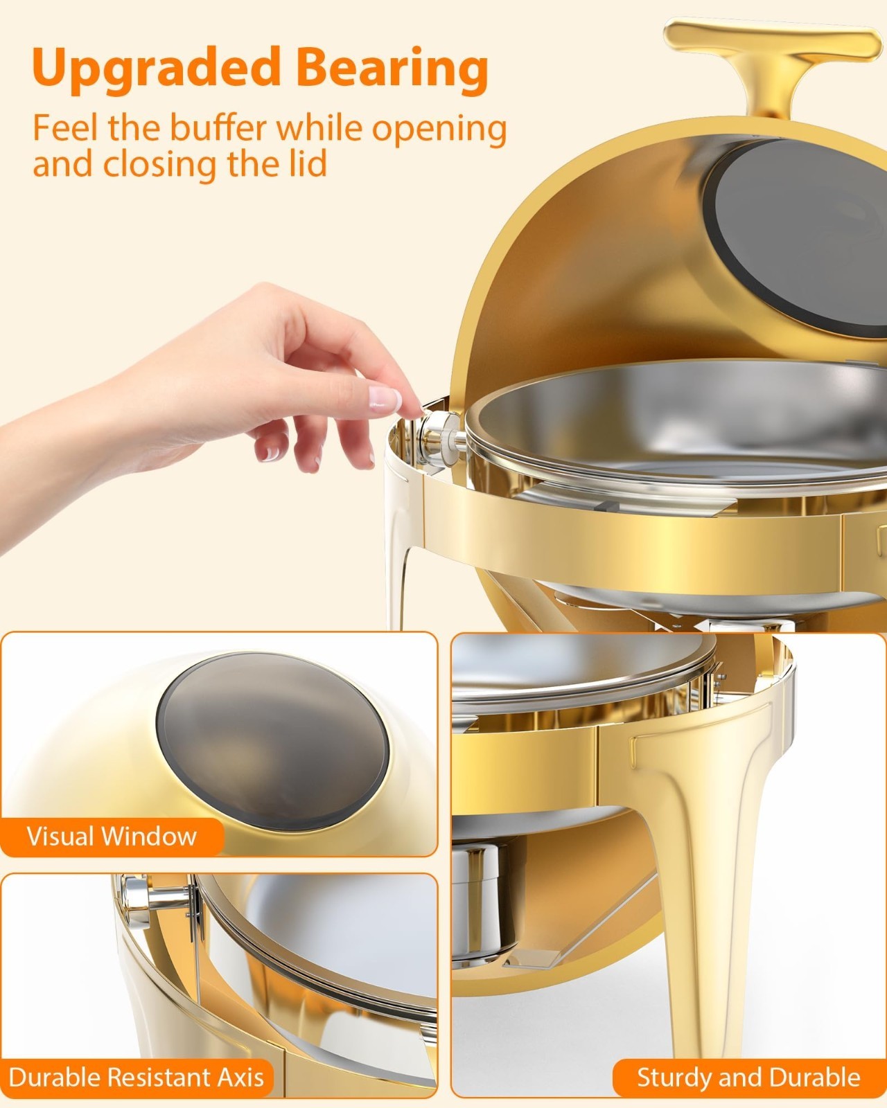 Gold Round Roll-Top Chafing Dish Set Commercial Stainless Steel Buffet Warmer