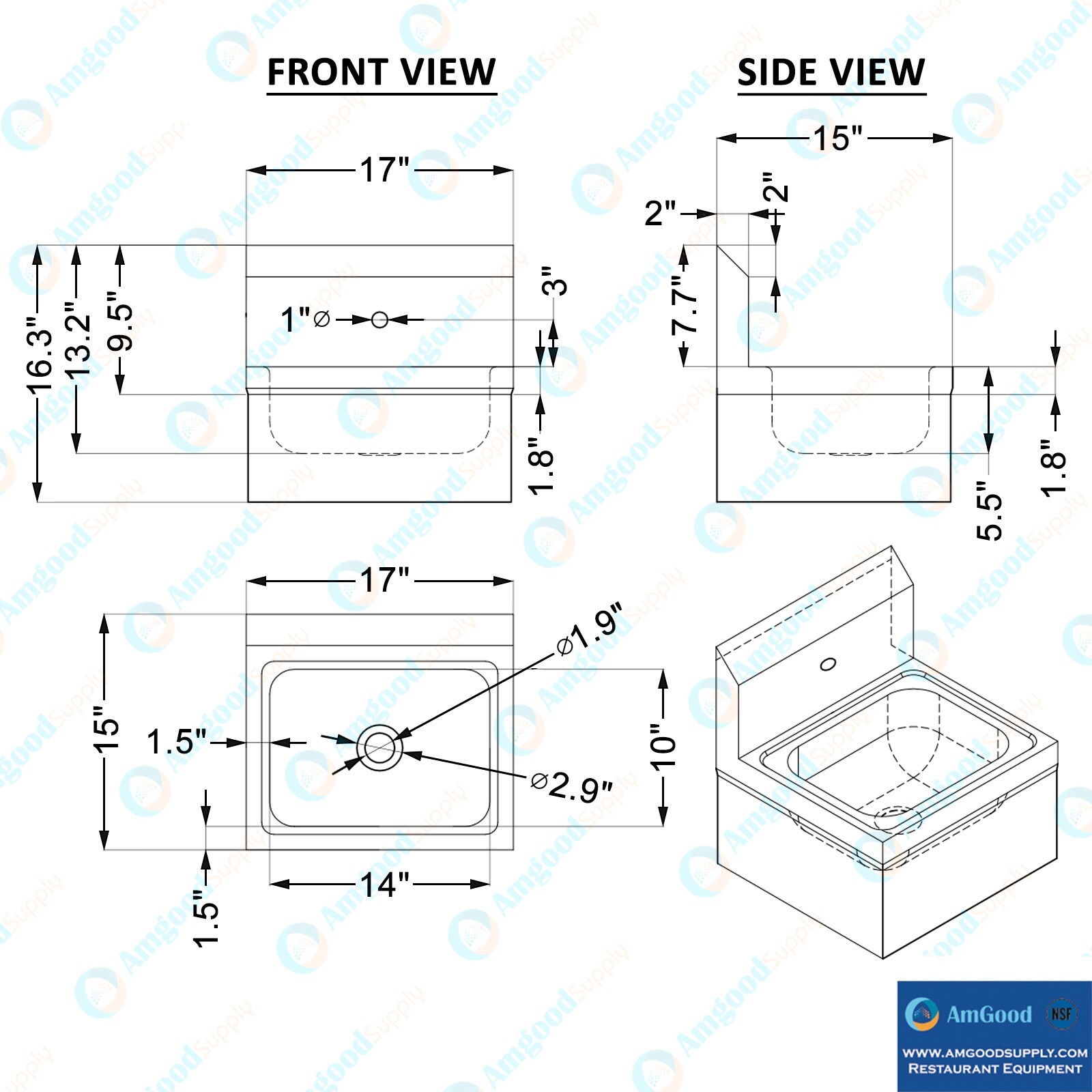 Stainless Steel Hands Free Wall Mounted Hand Sink 17 in x 15 in with double knee