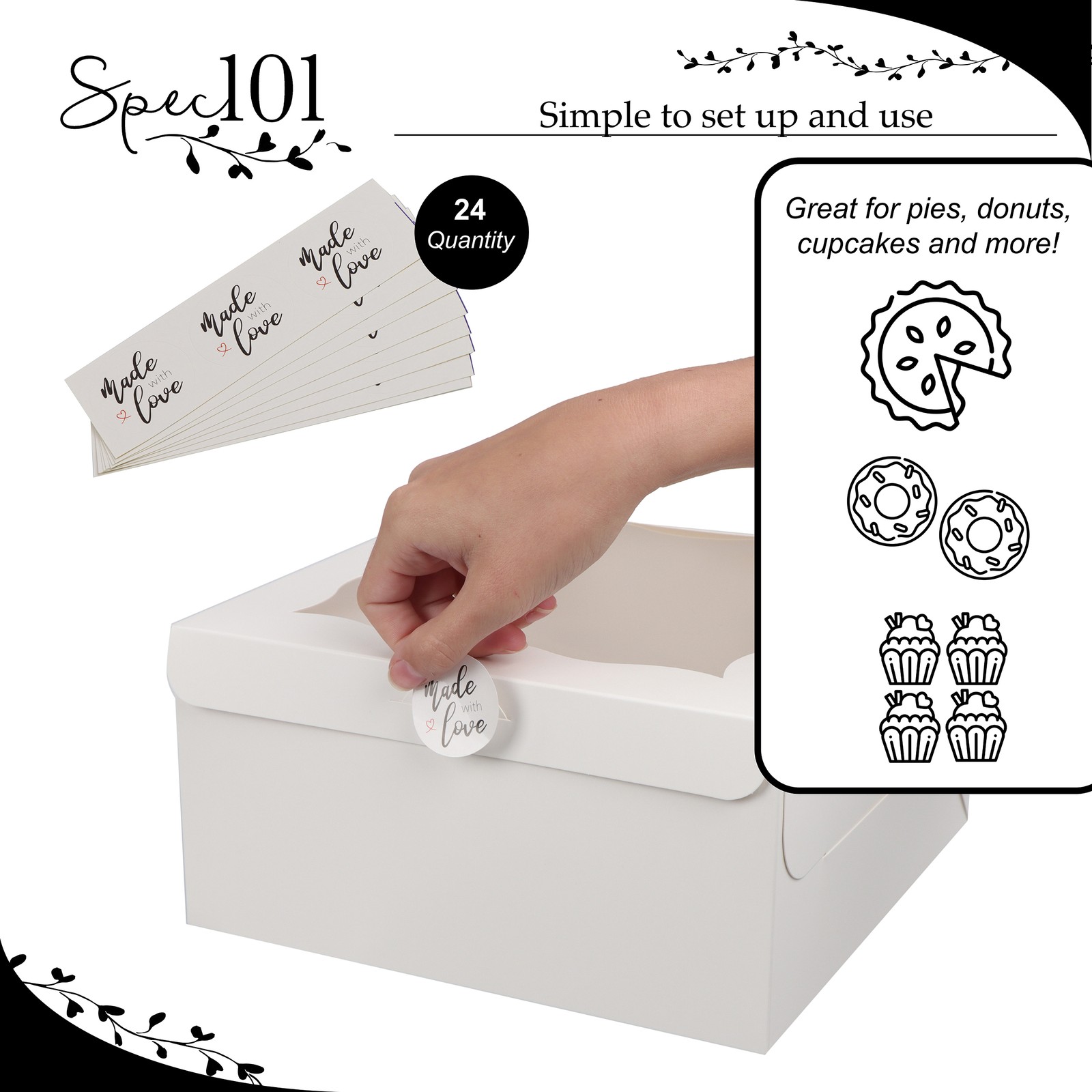 Spec101 Square Cake Boxes with Stickers – 24pk White Cake Boxes 10x10x5 Inch
