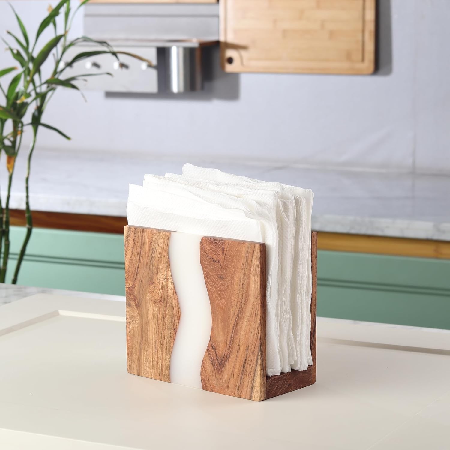Acacia wood & Transparent Epoxy resin Napkin holder for table, Rustic farmhouse
