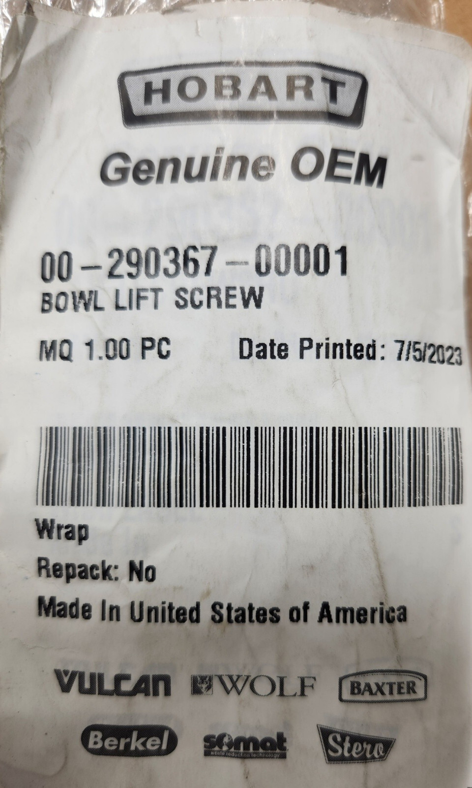 Hobart Mixer M802 80 Bowl lift Screw New 290367-1 with Correct rollpin Screw