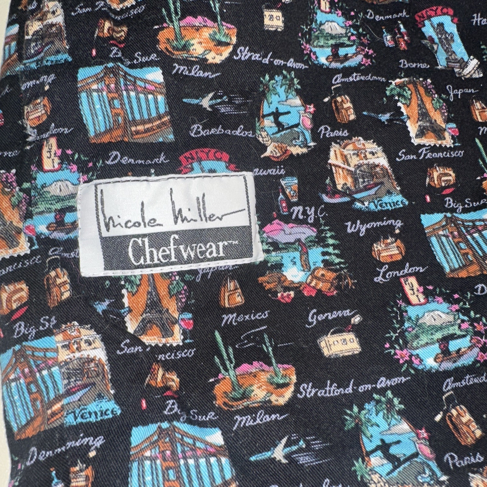 Vintage Nicole Miller Chefwear 3X Postcard Travel Print Chef Pants 30 Inseam 90s