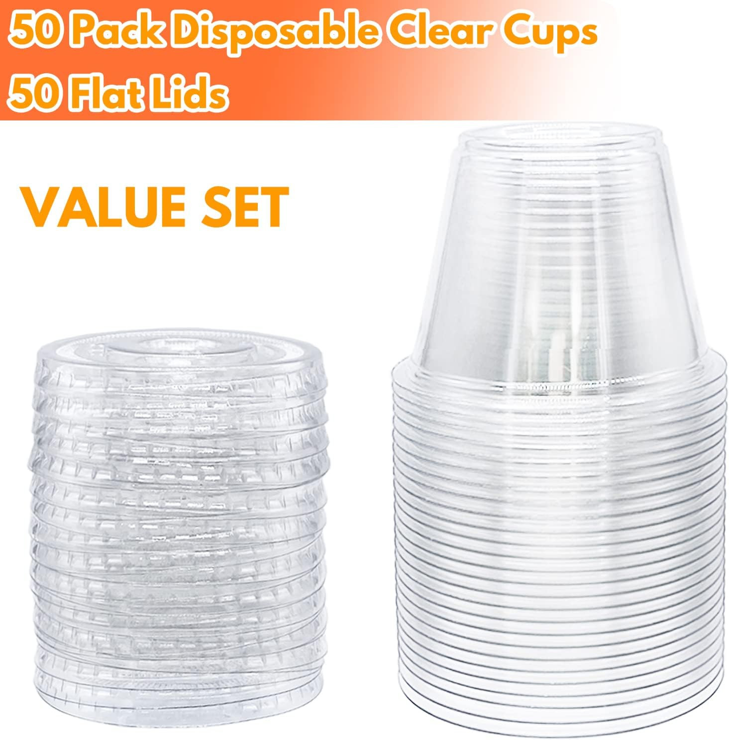 50 Pack Clear Cups with Lids,6 oz Plastic Disposable Cups with Flat Lids(No Hole