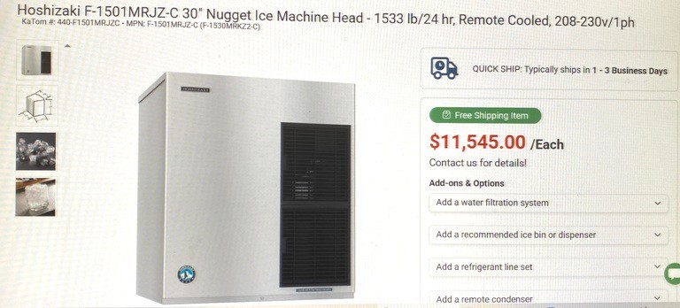 Ice Maker / Hoshizaki F-1501MRJZ-C Air-cooled Cubelet-style with 1353 Lb/Day