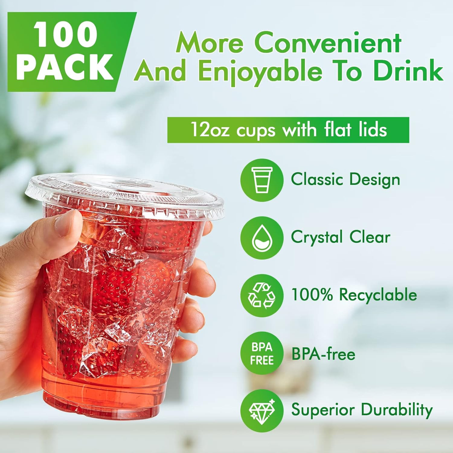 100 Sets 12 Oz Clear Plastic Cups with Flat Lids, 12 Oz Disposable Drinking Cups