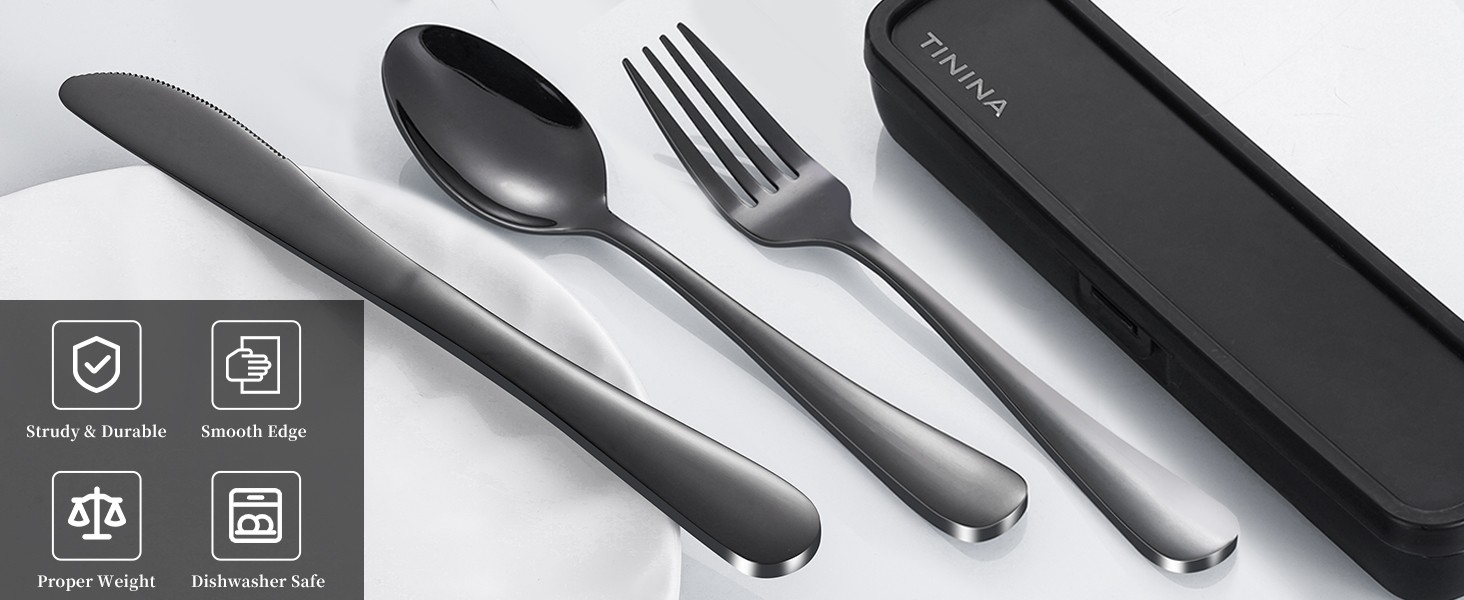 Travel Utensils with Case, 4-Piece Stainless Steel Portable Cutlery Set,