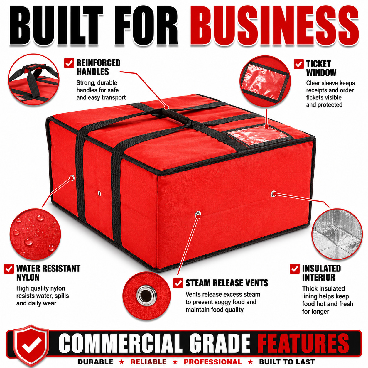 20″ x 20″ x 12″ Red Vinyl Insulated 16″ & 18″ Pizza Food Delivery Bag