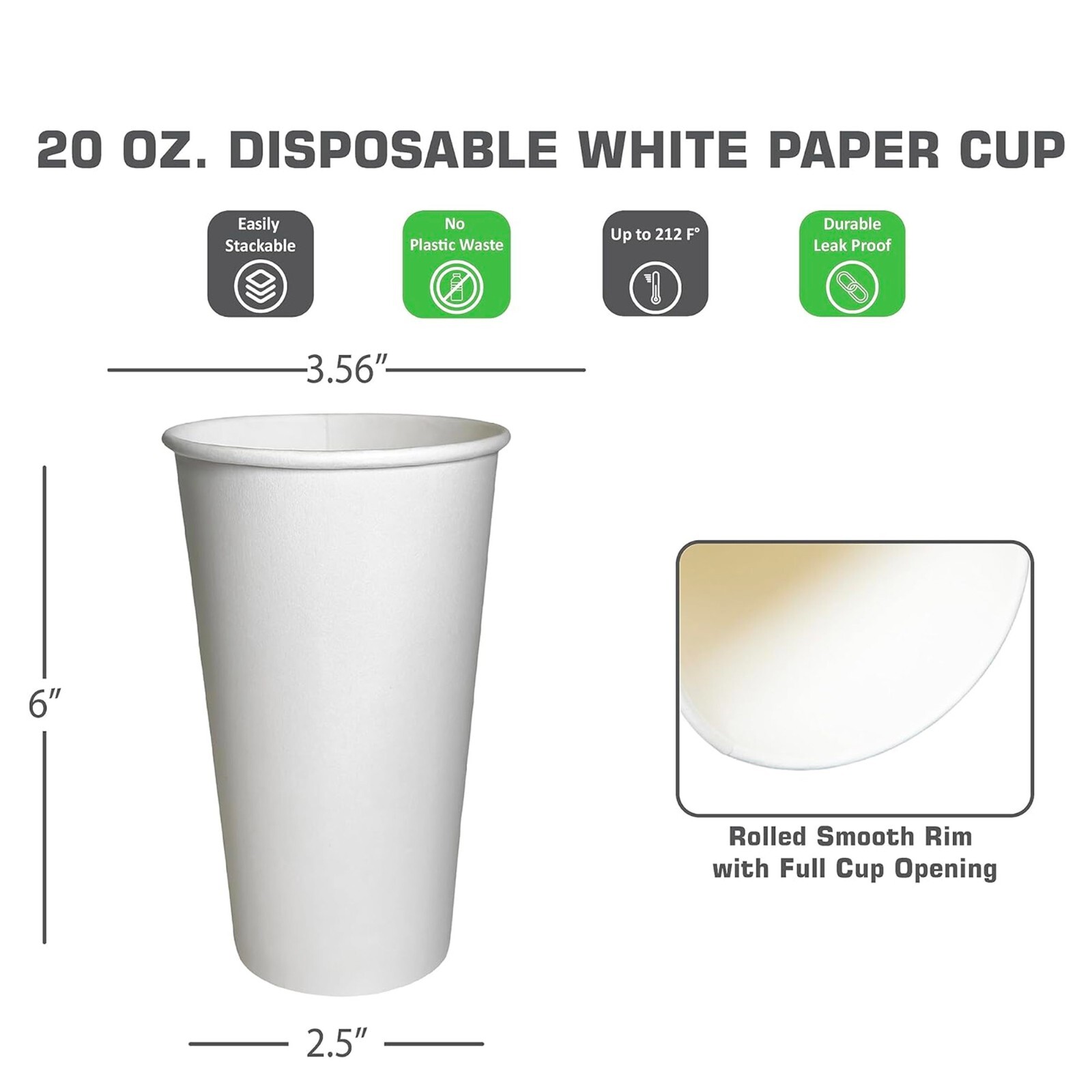 100 Ct. Eco Friendly White Paper Hot Tea Coffee Cups Disposable No Lids 20 Oz.
