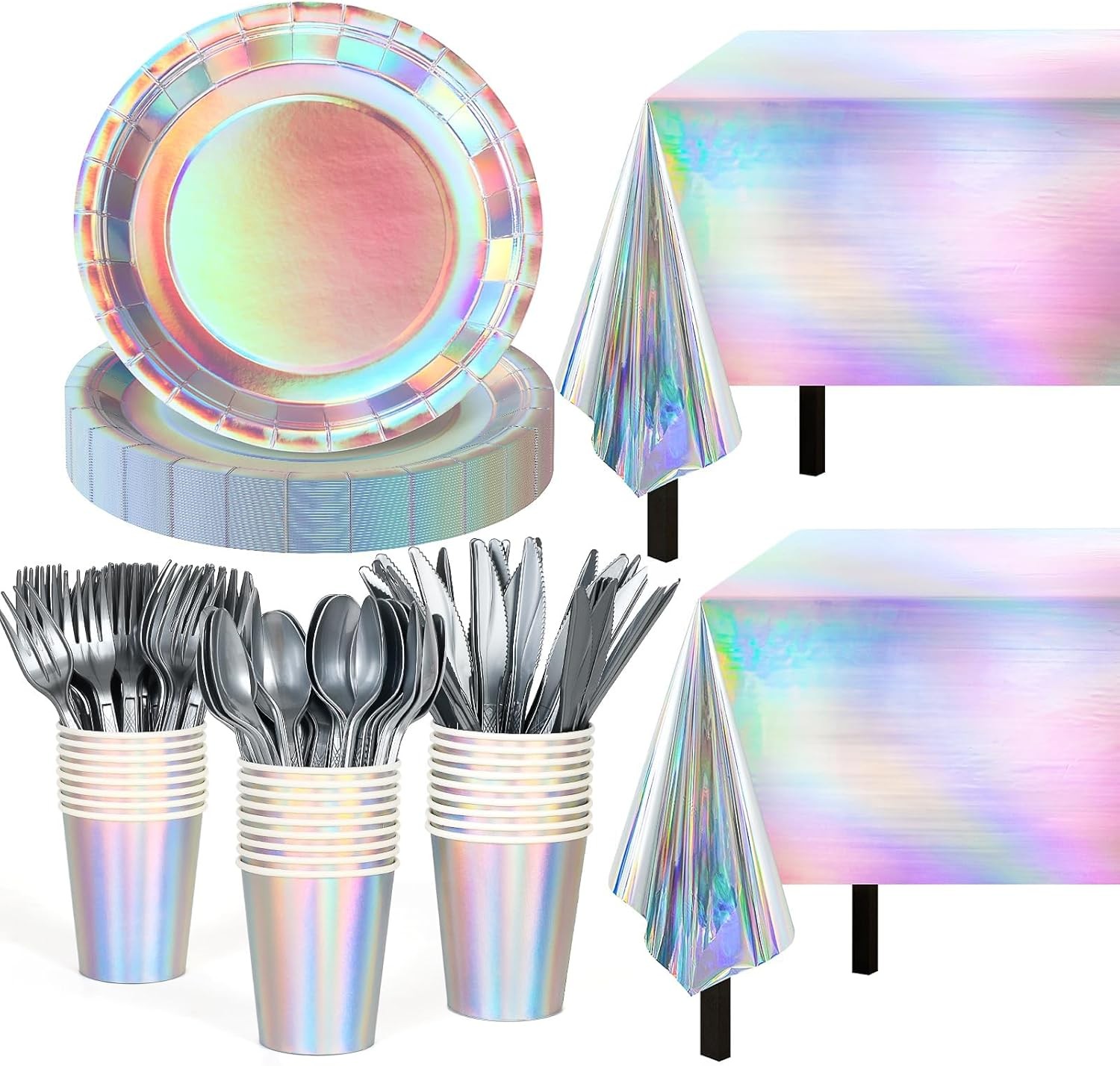 Iridescent Party Decorations,132 Pcs Disposable Iridescent Party Plates Cups